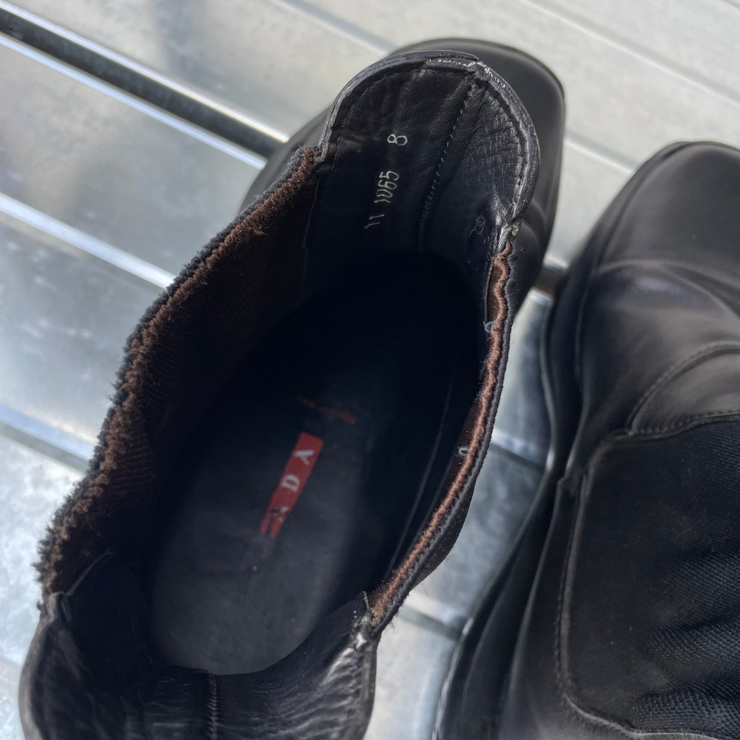 Prada Sport Black FW99 Runway Leather Square Toe Vibram Chelsea Boots