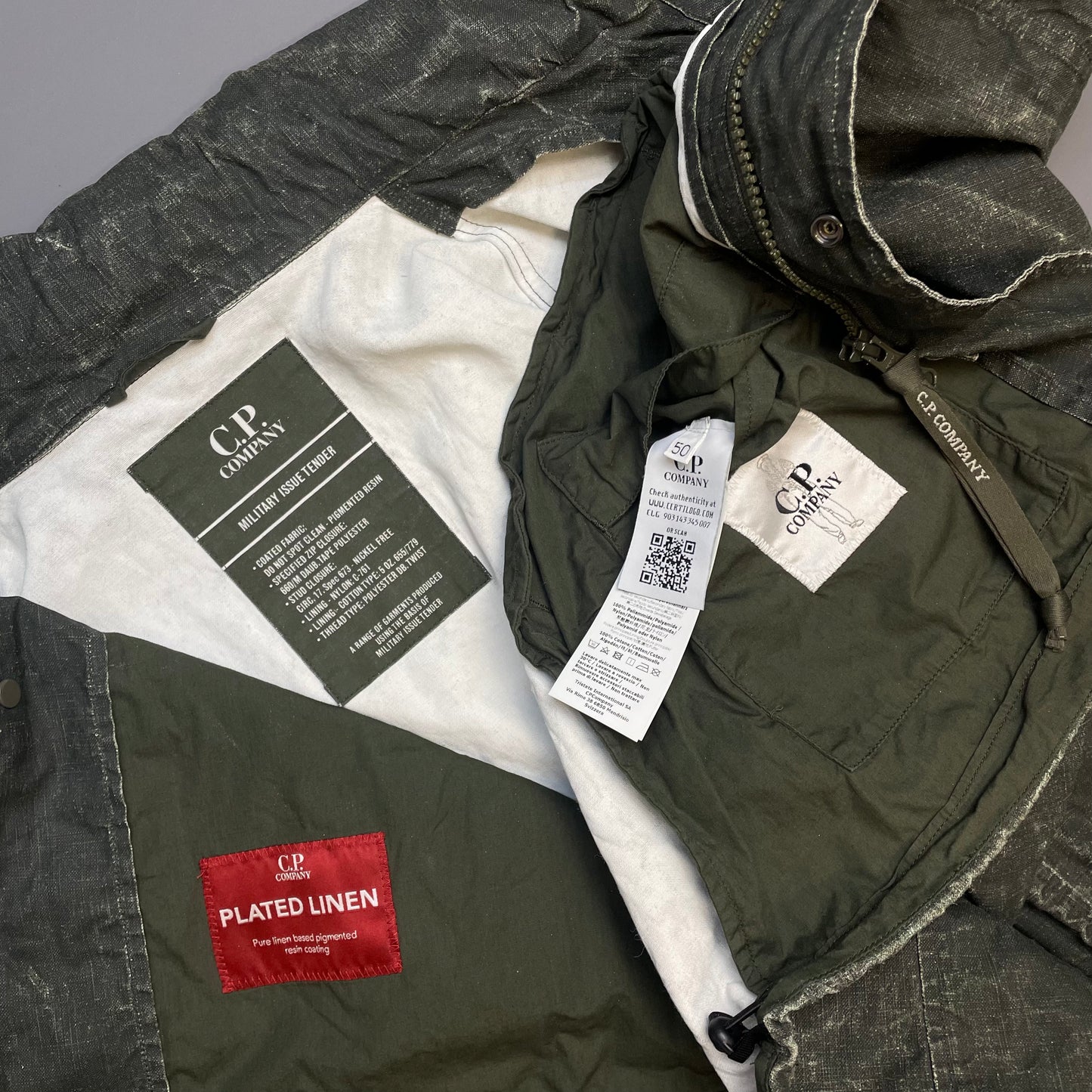 C.P. Company Green Plated Linen Military Issue Tender Concealed Hood Field Jacket