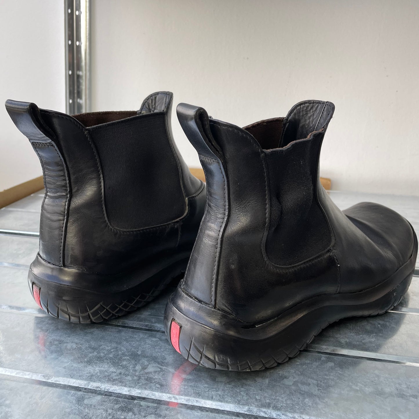 Prada Sport Black FW99 Runway Leather Square Toe Vibram Chelsea Boots