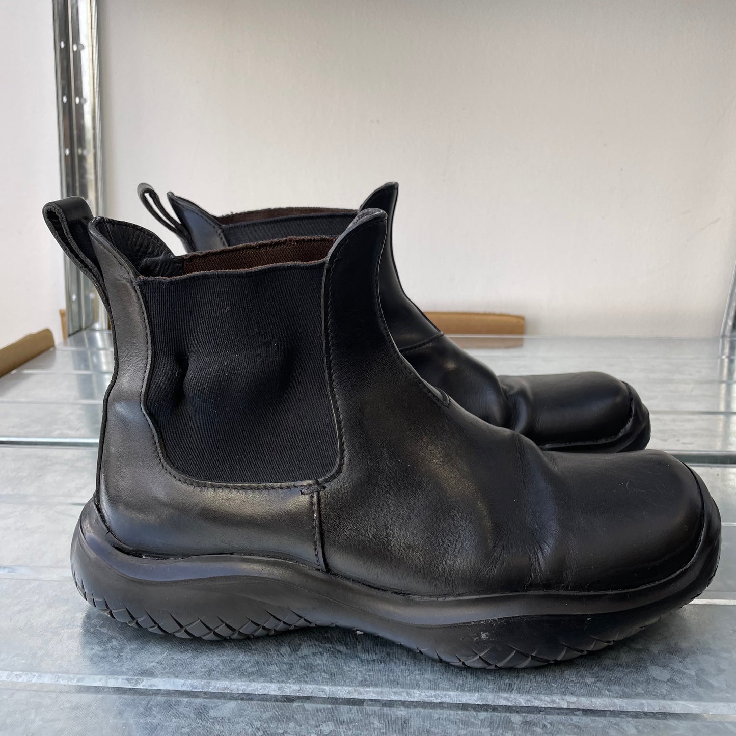 Prada Sport Black FW99 Runway Leather Square Toe Vibram Chelsea Boots