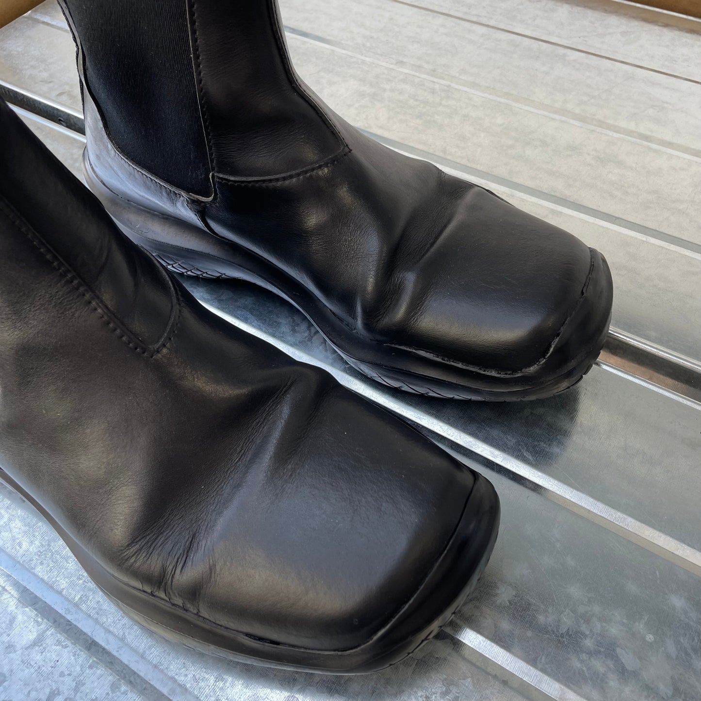 Prada Sport Black FW99 Runway Leather Square Toe Vibram Chelsea Boots