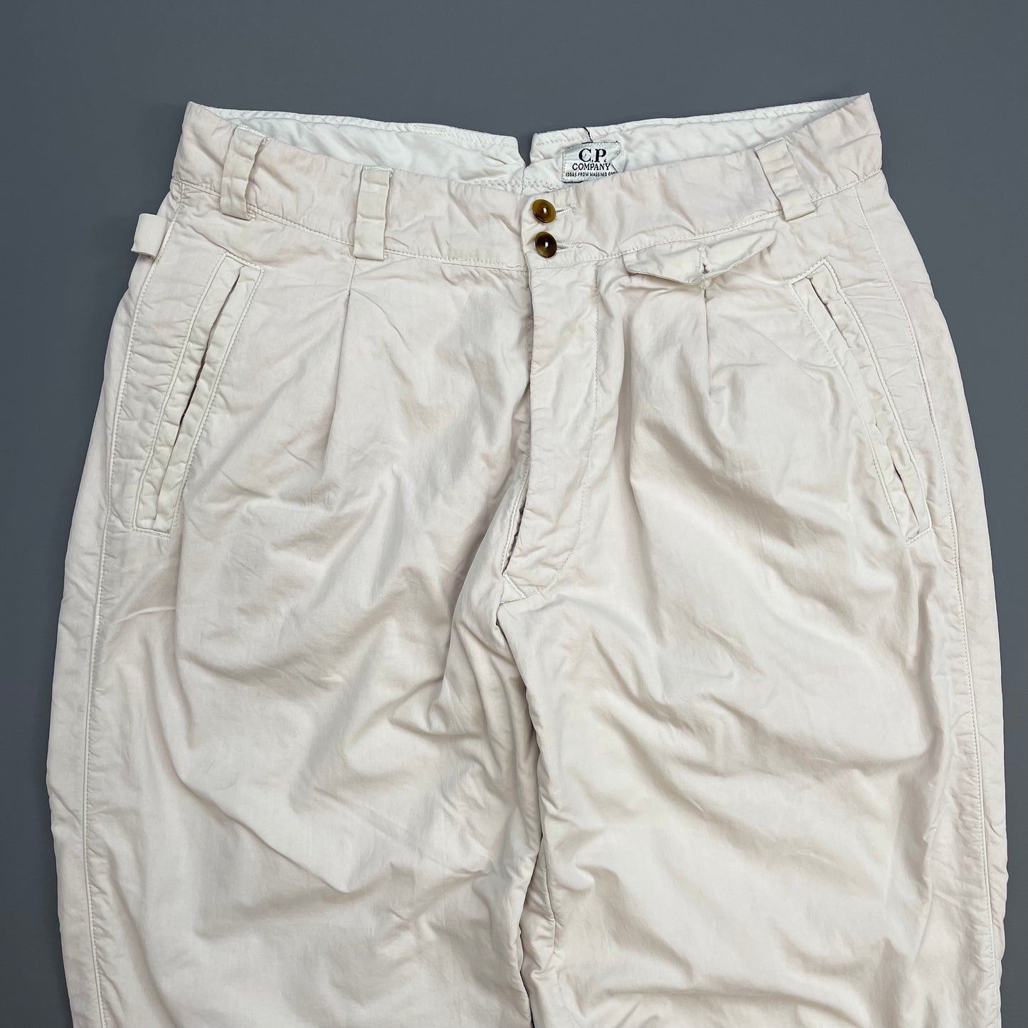 C.P. Company White Cream  80s Ideas From Massimo Osti Cotton/Nylon Lined Pleat Trousers