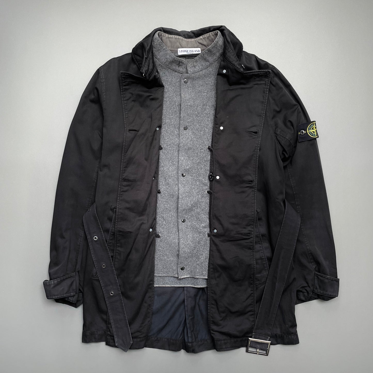 Stone Island Black AW05 Raso Gommato Belted Trench Coat