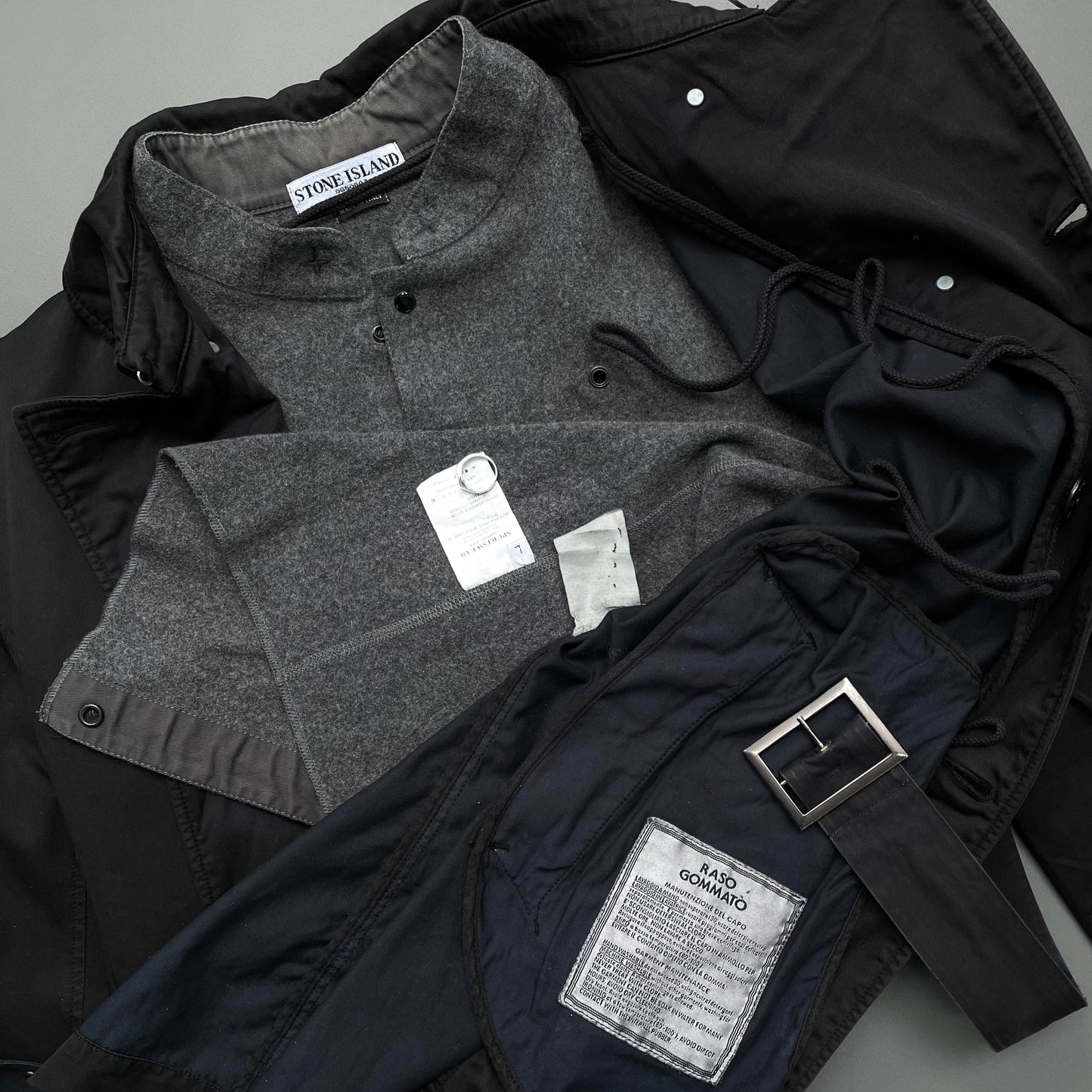 Stone Island Black AW05 Raso Gommato Belted Trench Coat