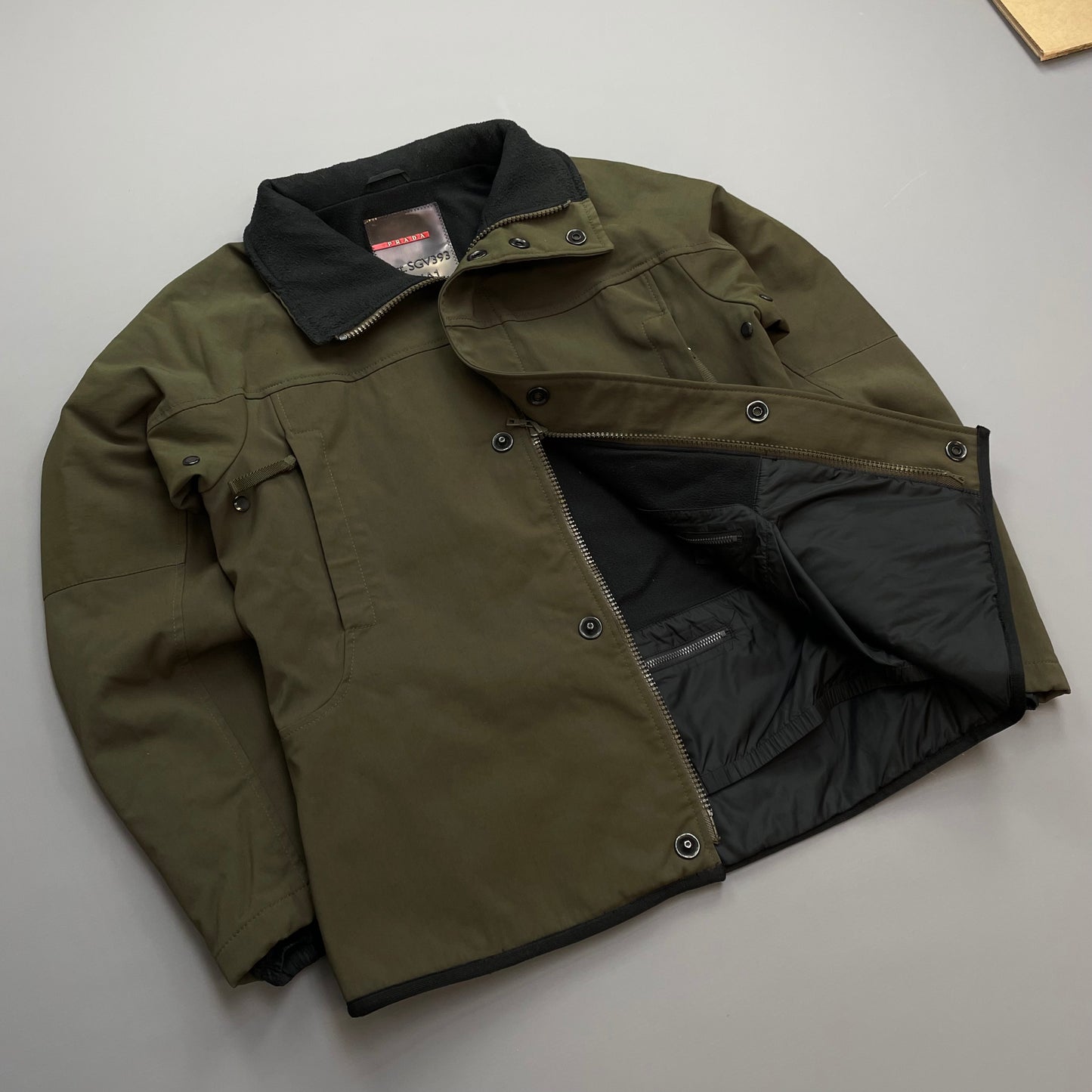 Prada Sport Khaki AW02 Technical Nylon Fleece-Lined Removable Hood Ski Jacket