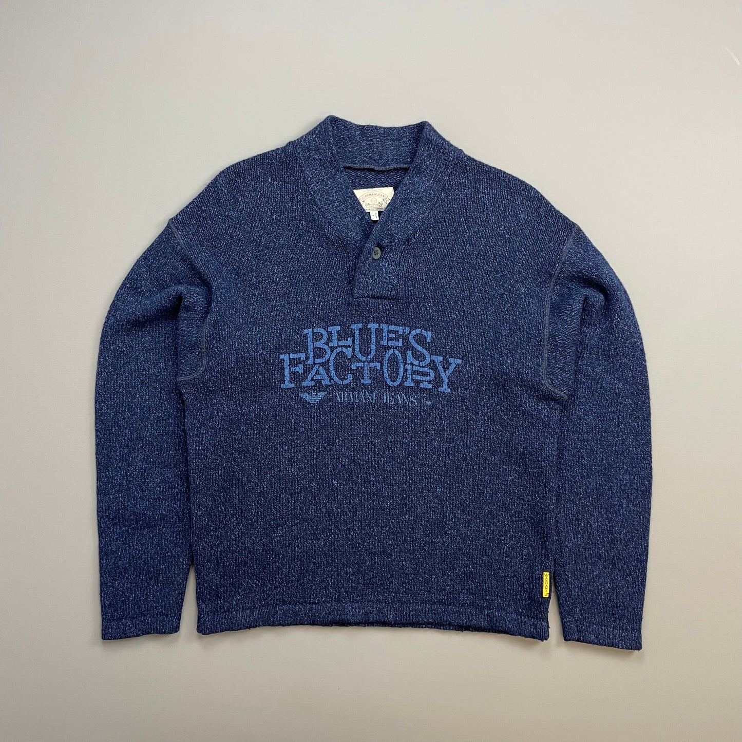 Armani Jeans Blue 90s Silk & Wool Button Collar 'Blues Factory' Jumper