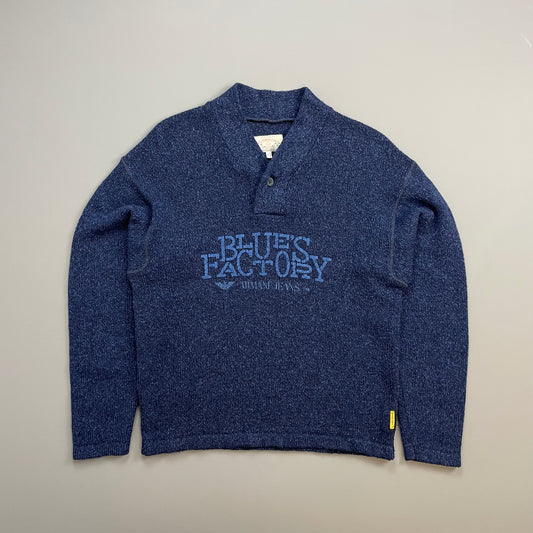 Armani Jeans Blue 90s Silk & Wool Button Collar 'Blues Factory' Jumper