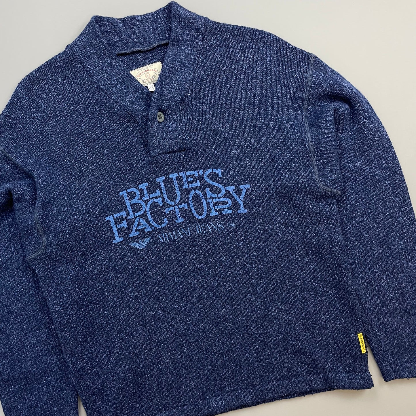 Armani Jeans Blue 90s Silk & Wool Button Collar 'Blues Factory' Jumper
