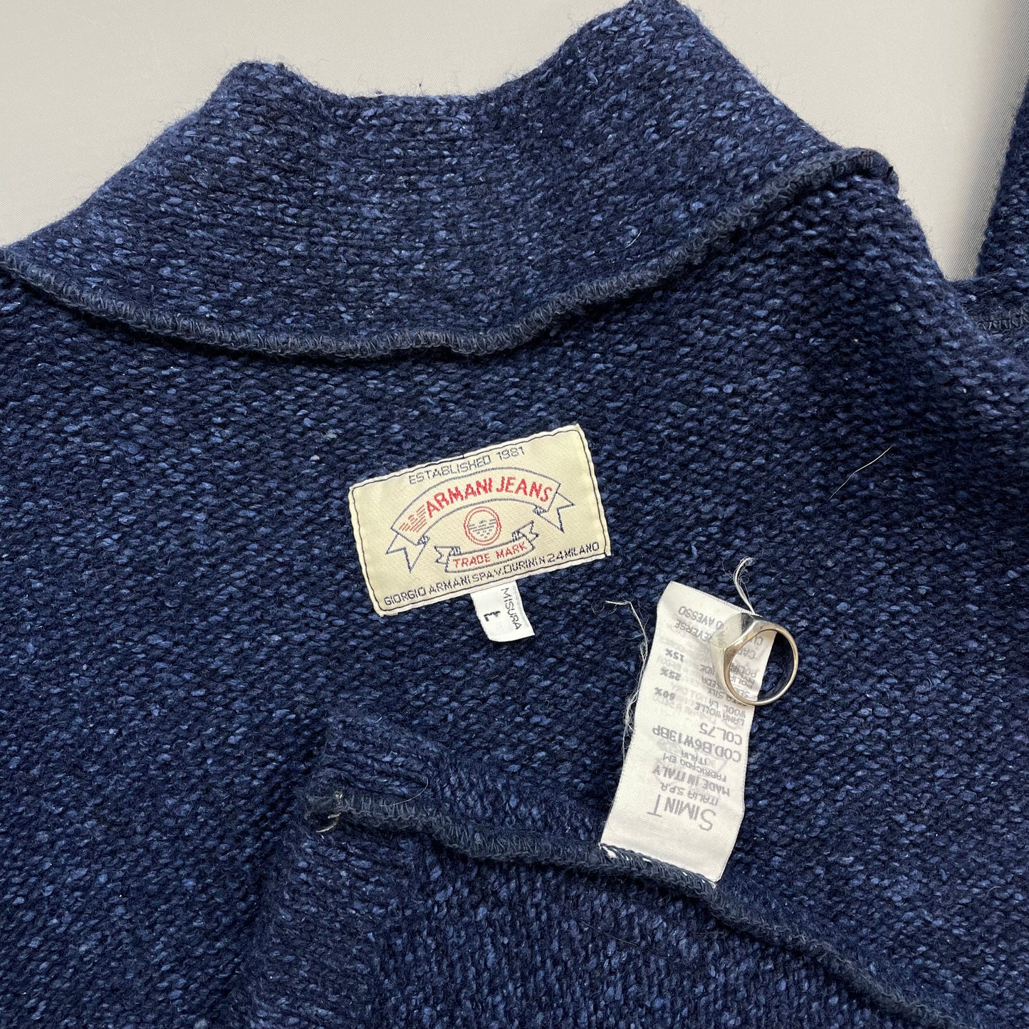 Armani Jeans Blue 90s Silk & Wool Button Collar 'Blues Factory' Jumper