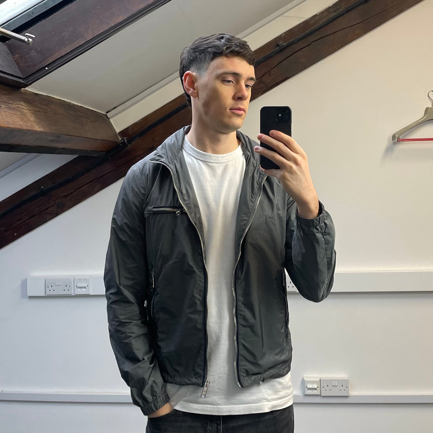 Prada Grey 2015 Contrast Stripe Zip Concealed Hood Nylon Windbreaker Jacket