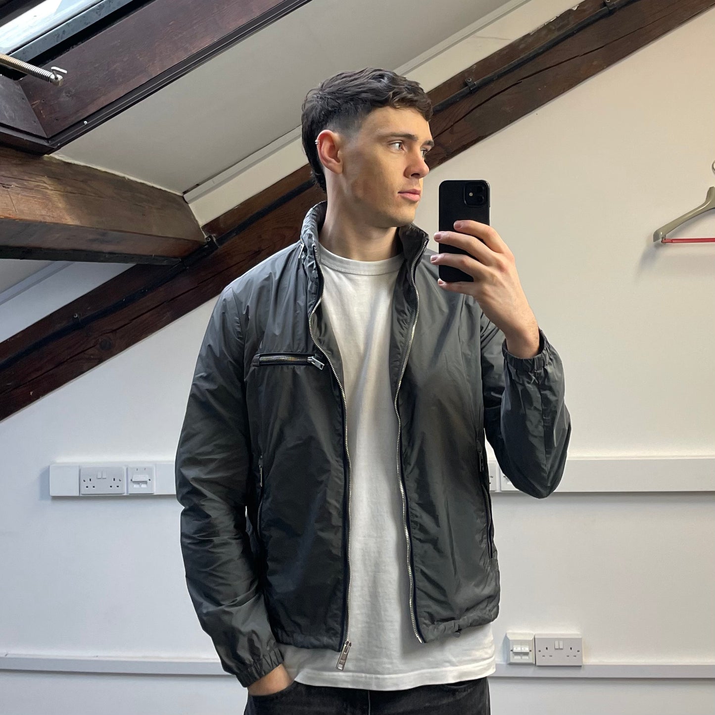 Prada Grey 2015 Contrast Stripe Zip Concealed Hood Nylon Windbreaker Jacket