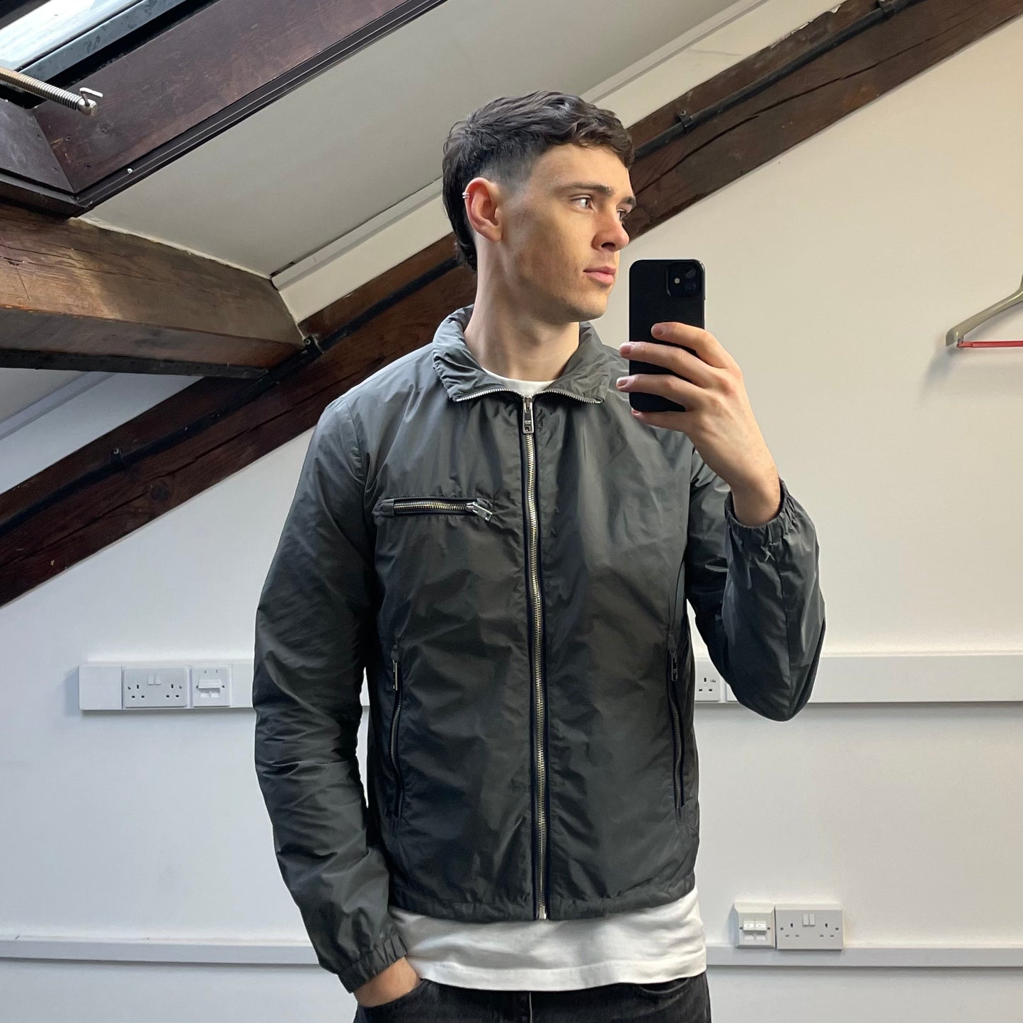 Prada Grey 2015 Contrast Stripe Zip Concealed Hood Nylon Windbreaker Jacket