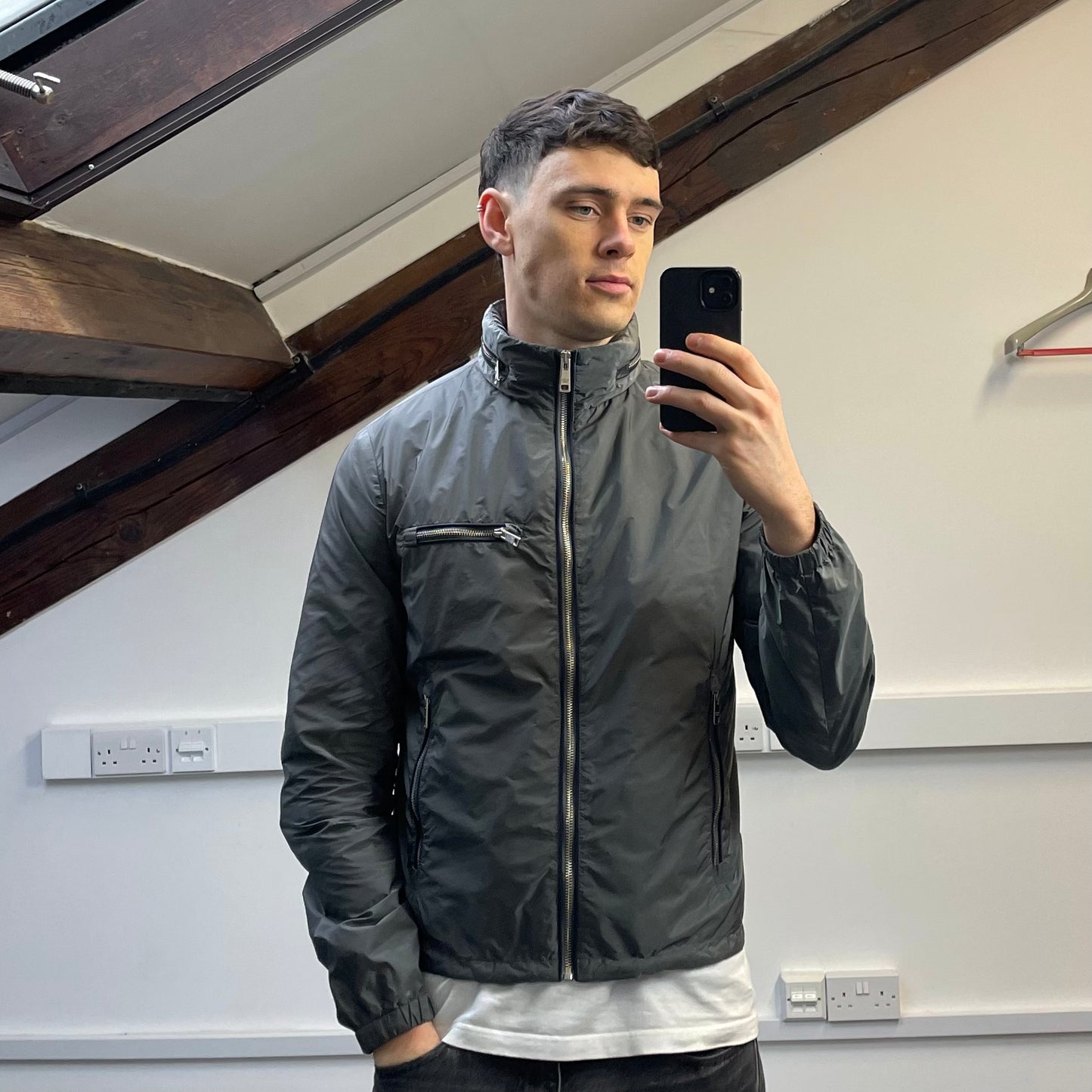 Prada Grey 2015 Contrast Stripe Zip Concealed Hood Nylon Windbreaker Jacket