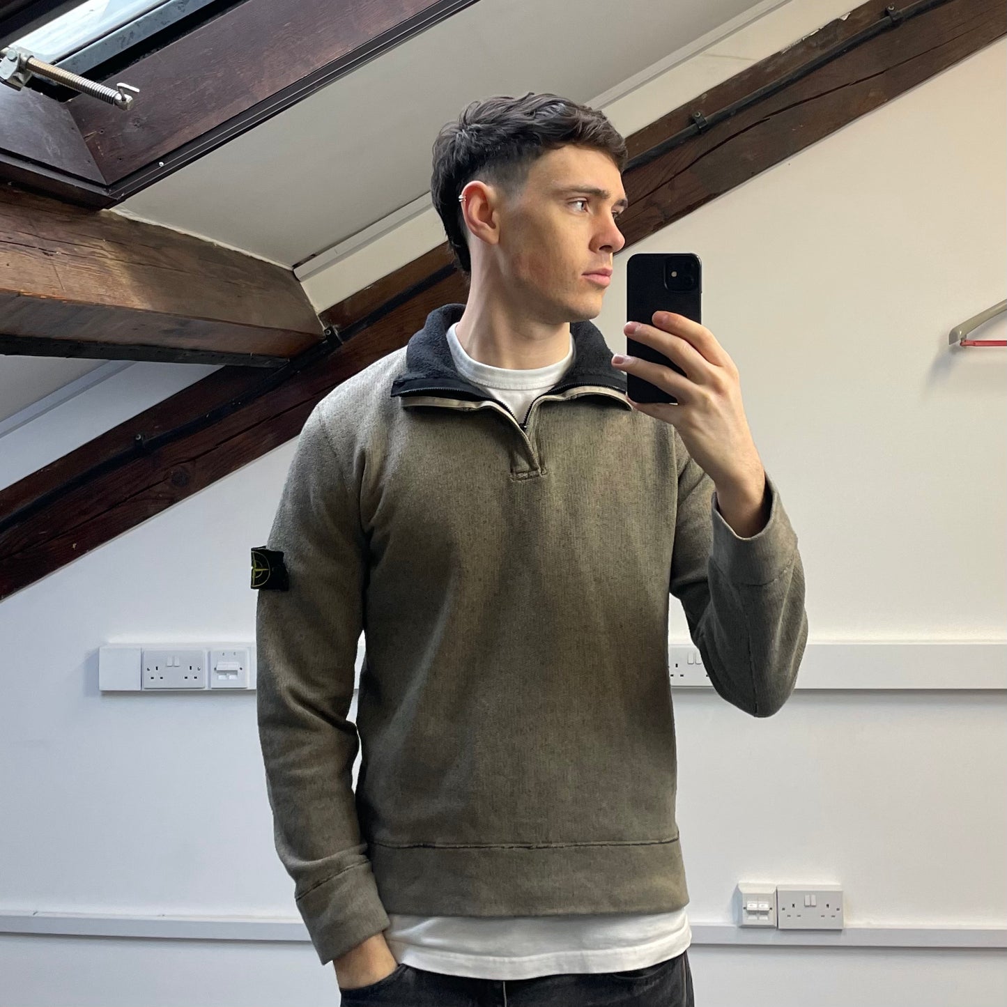 Stone Island Beige AW06 Fleece Lined Speckled Half-Zip Jumper