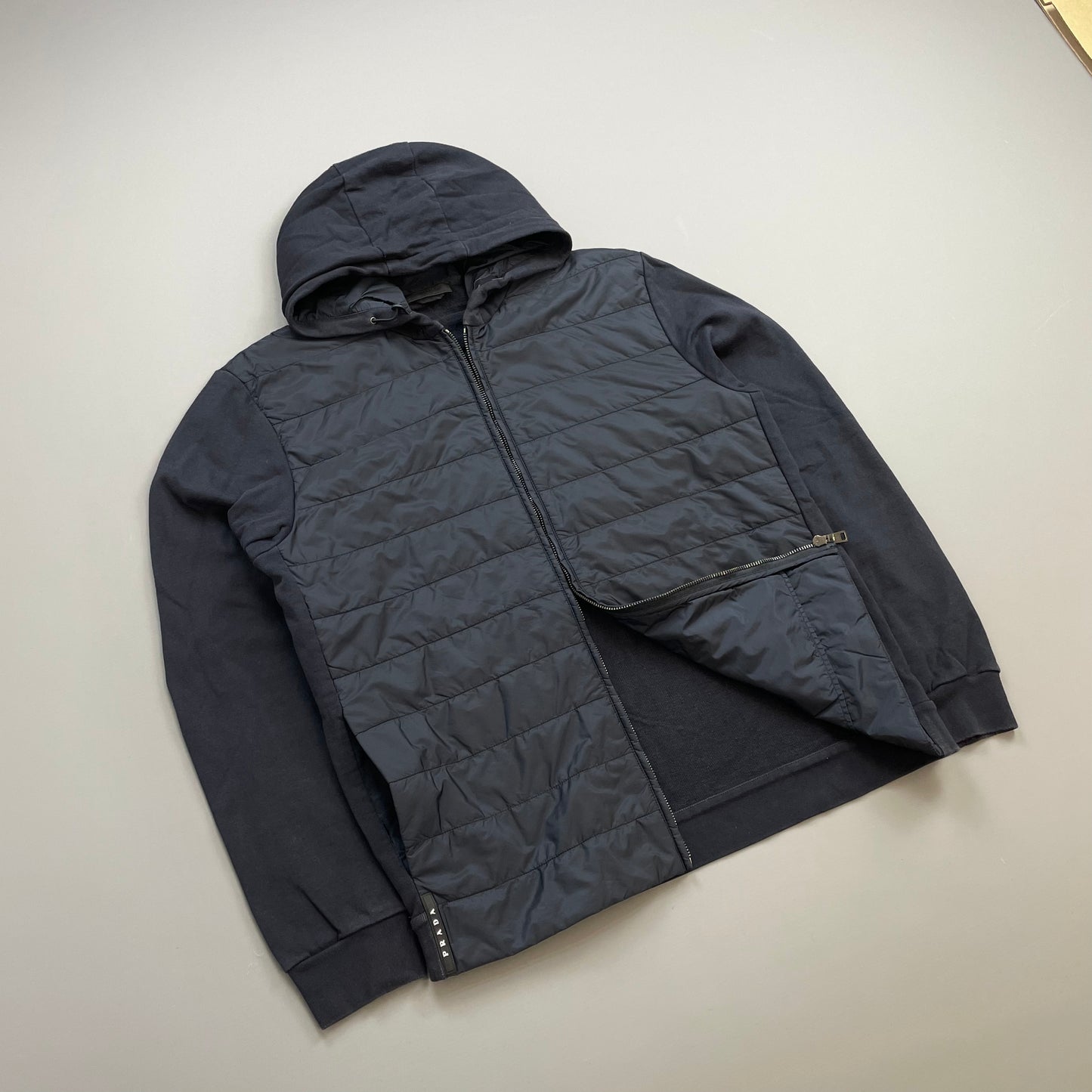 Prada Sport Navy 2019 Nylon Padded Hybrid Hooded Jacket
