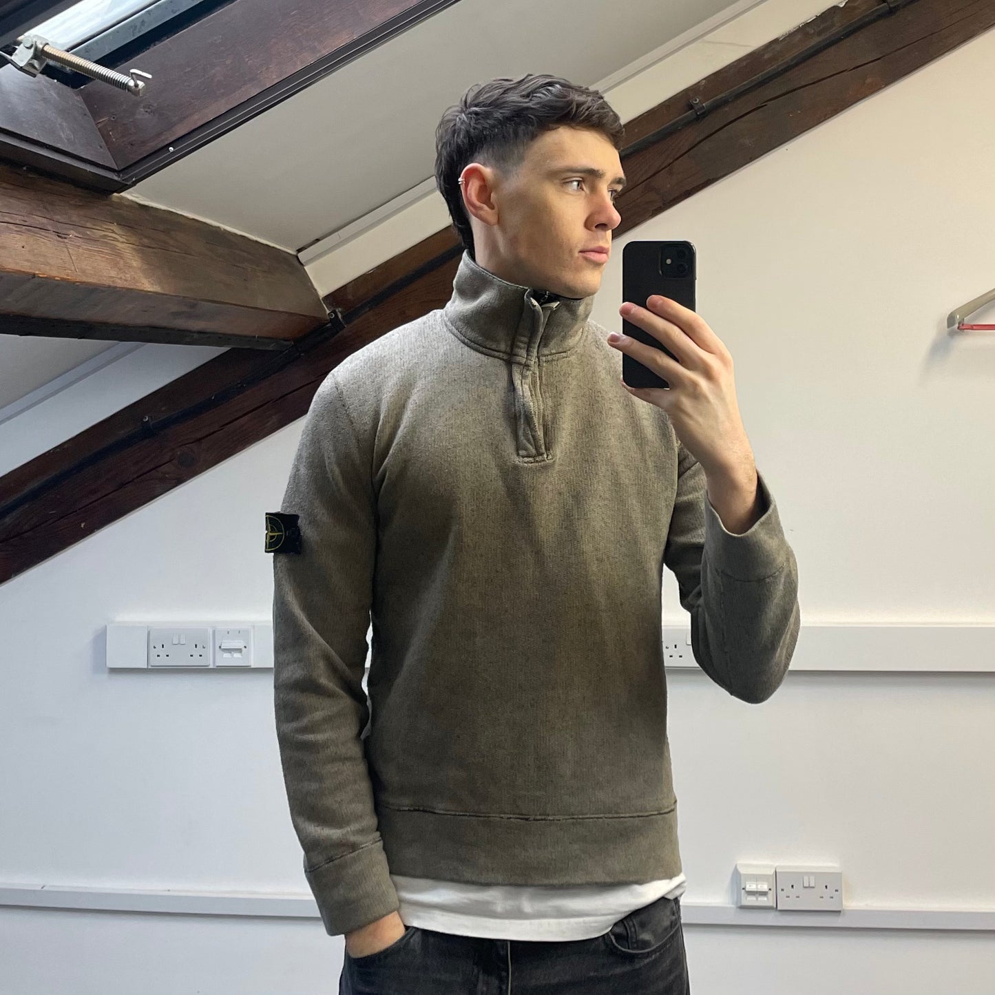 Stone Island Beige AW06 Fleece Lined Speckled Half-Zip Jumper