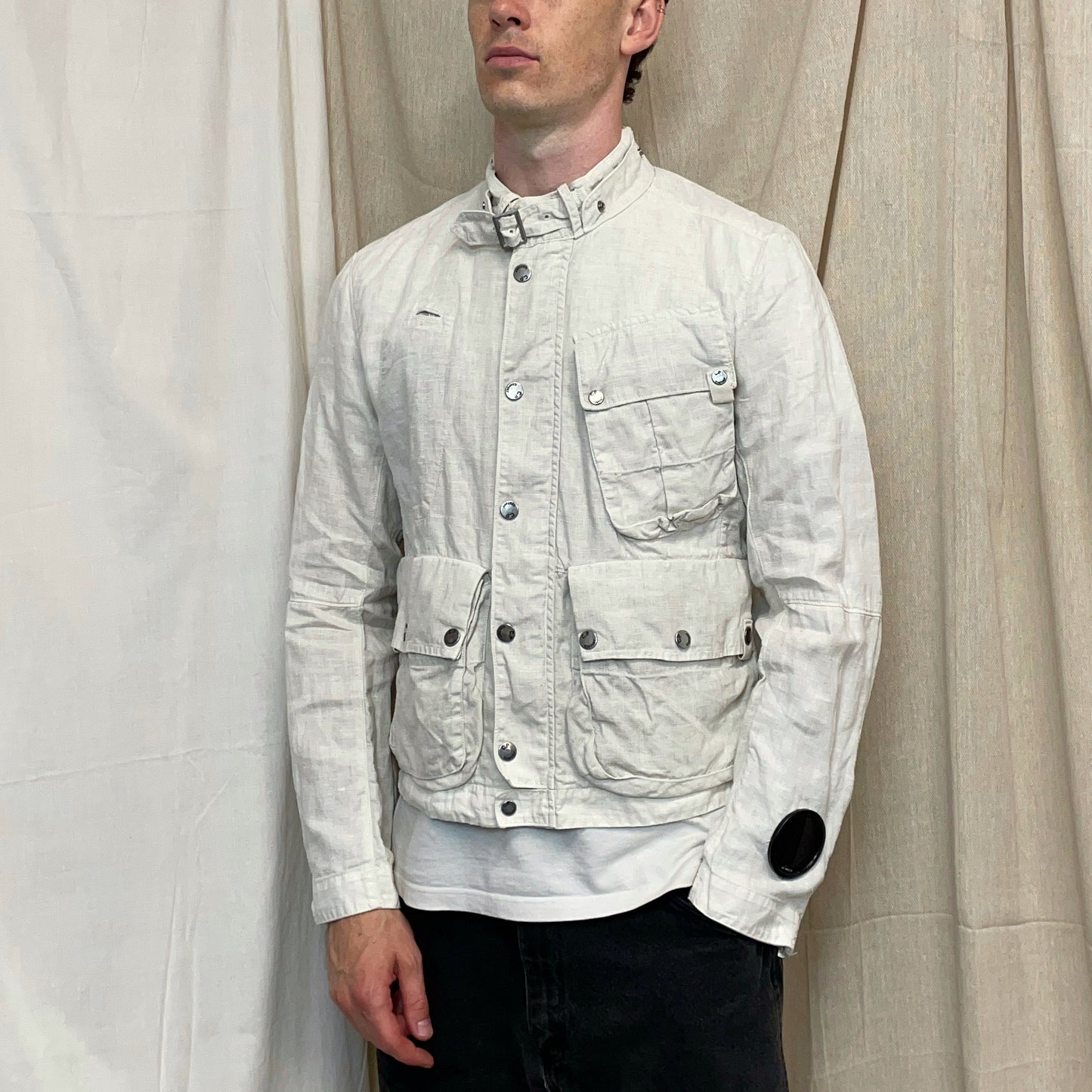 C.P. Company White SS08 Linen Lino Flax Multi-Pocket Detachable Hood Watchviewer Jacket