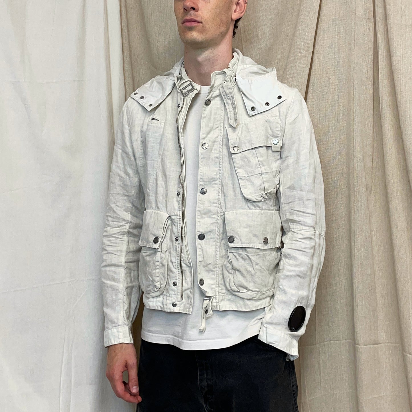 C.P. Company White SS08 Linen Lino Flax Multi-Pocket Detachable Hood Watchviewer Jacket