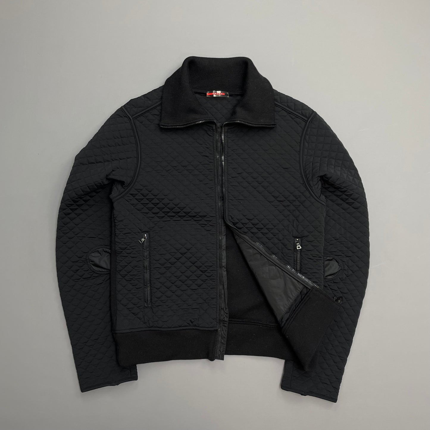 Prada Sport Black 00s Wool & Nylon Quilted Knit Hybrid Cardigan Jacket