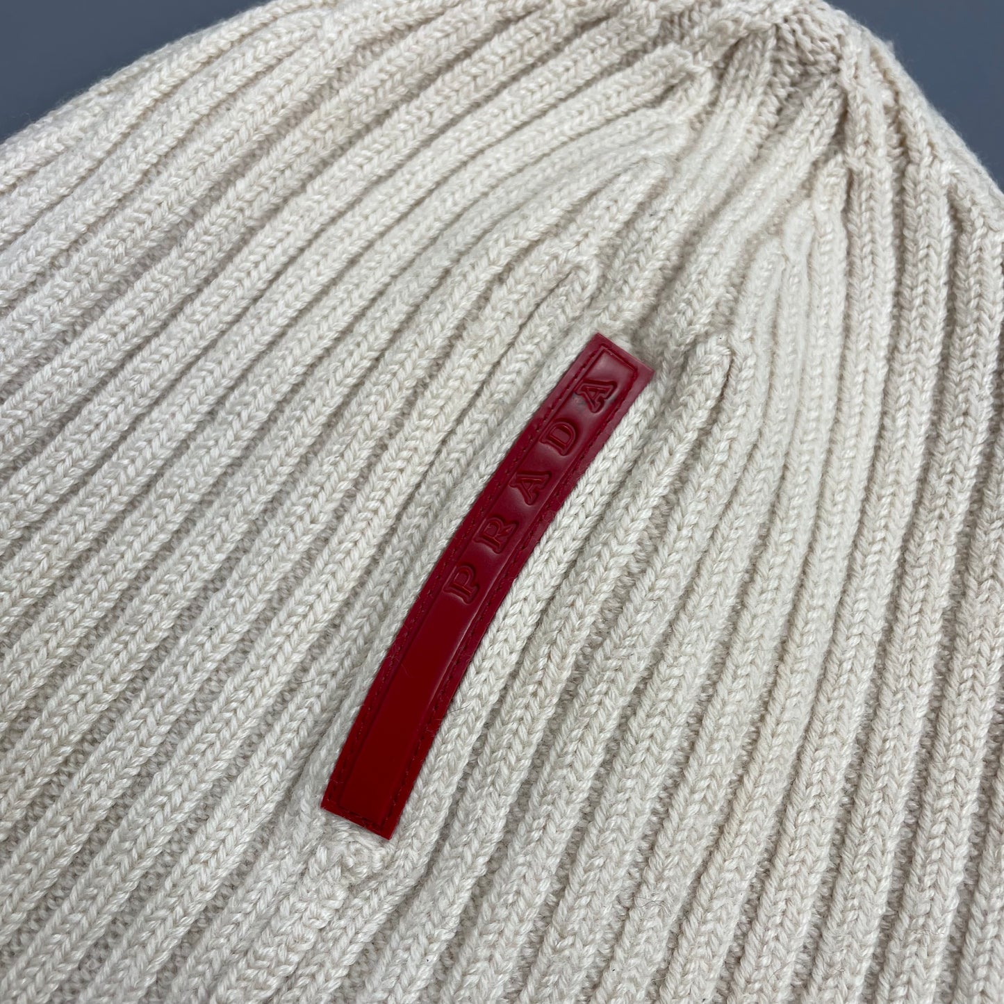 Prada Sport White Cream 00s Wool Knit Ribbed Beanie