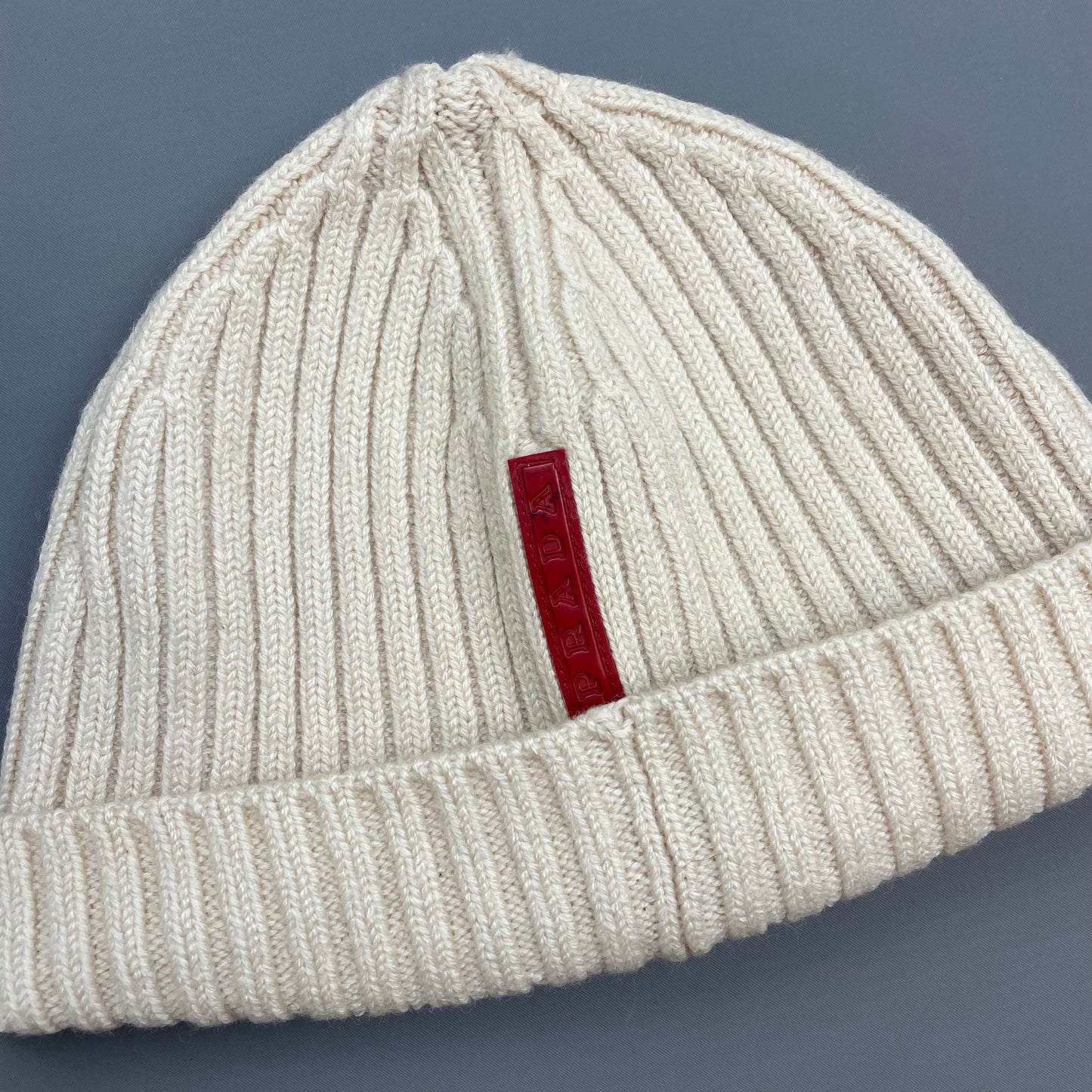 Prada Sport White Cream 00s Wool Knit Ribbed Beanie