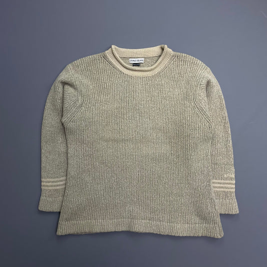 Stone Island Beige AW98 Chunky Wool Knit Raised-Collar Emblem Jumper