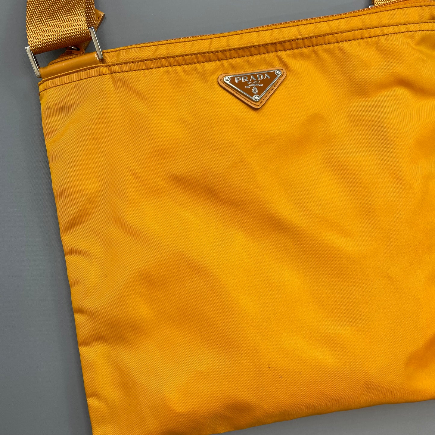 Prada Golden Orange Nylon Plaque Crossbody Shoulder Bag