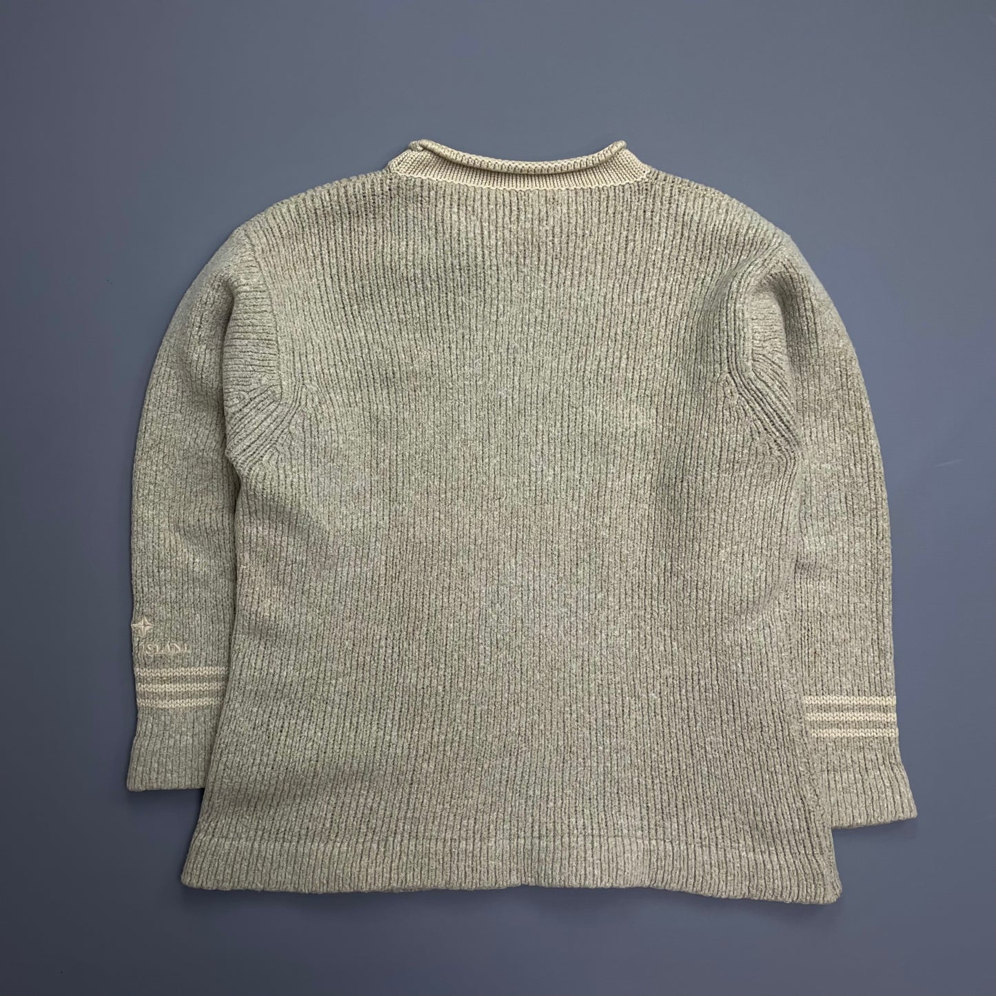 Stone Island Beige AW98 Chunky Wool Knit Raised-Collar Emblem Jumper