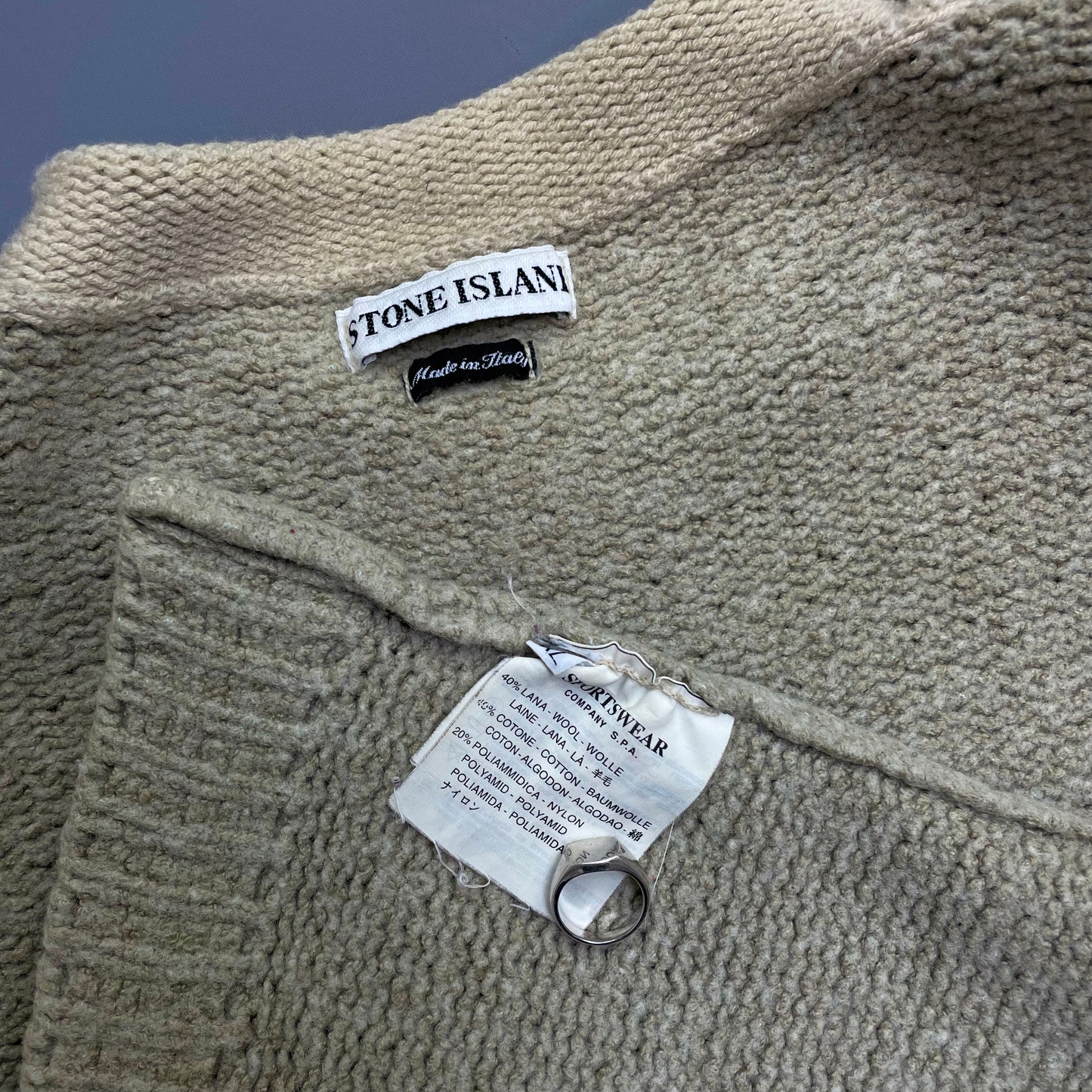 Stone Island Beige AW98 Chunky Wool Knit Raised-Collar Emblem Jumper