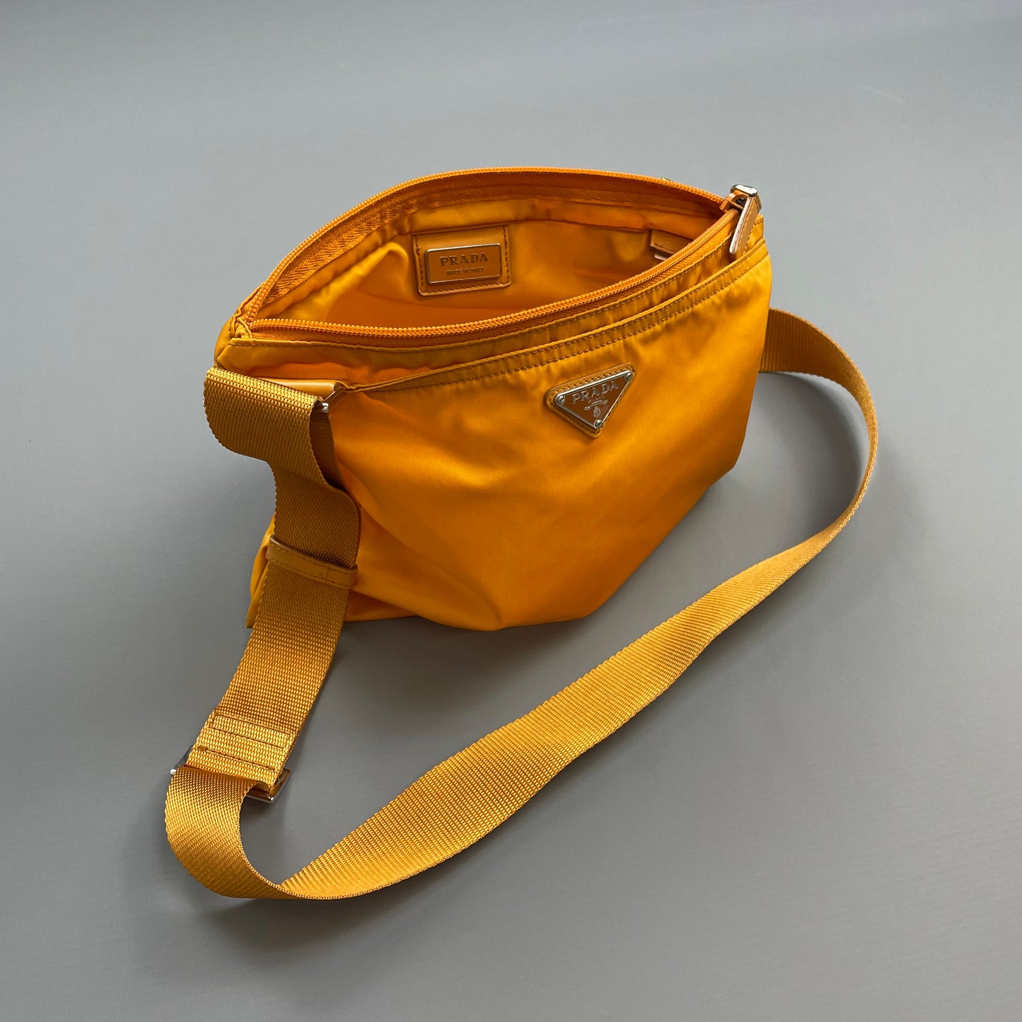 Prada Golden Orange Nylon Plaque Crossbody Shoulder Bag