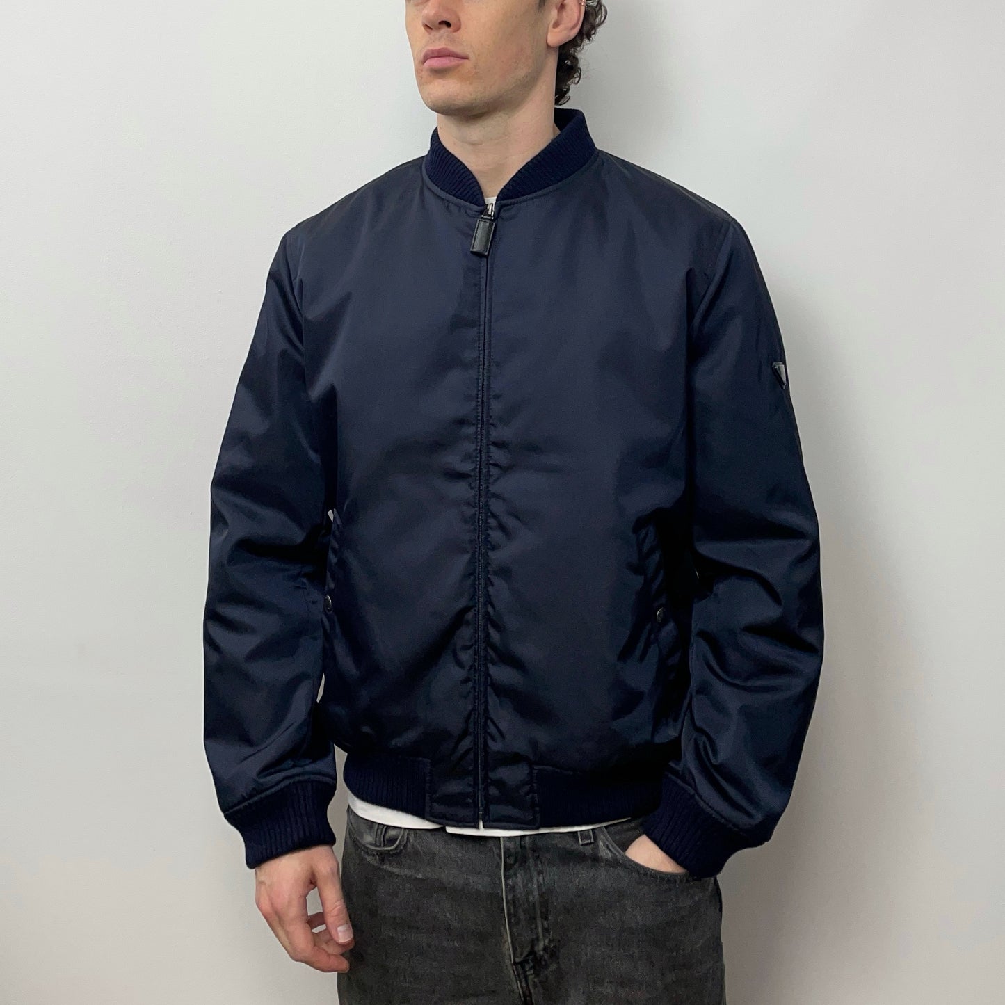 Prada Mainline Navy & Black 2017 Nylon Padded Plaque Bomber Jacket