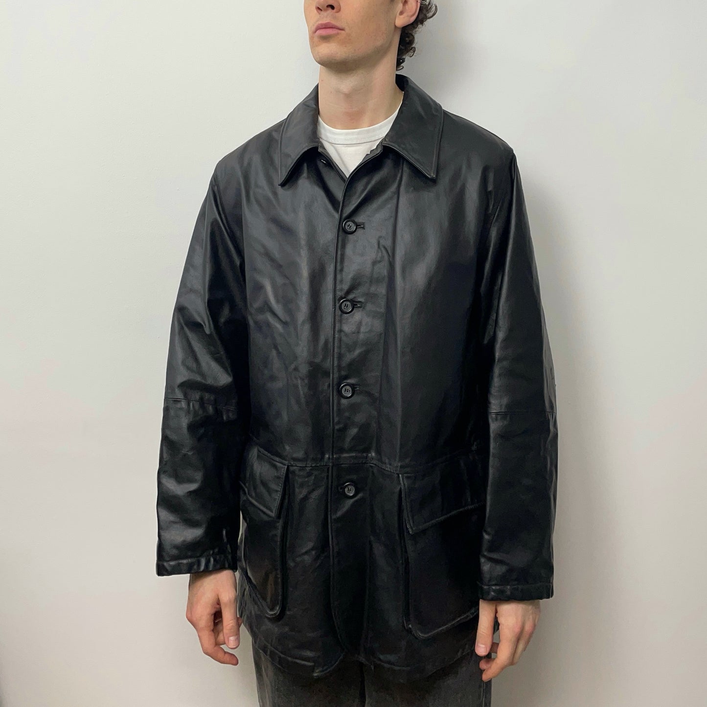 Armani Jeans Black 90s Leather Overcoat