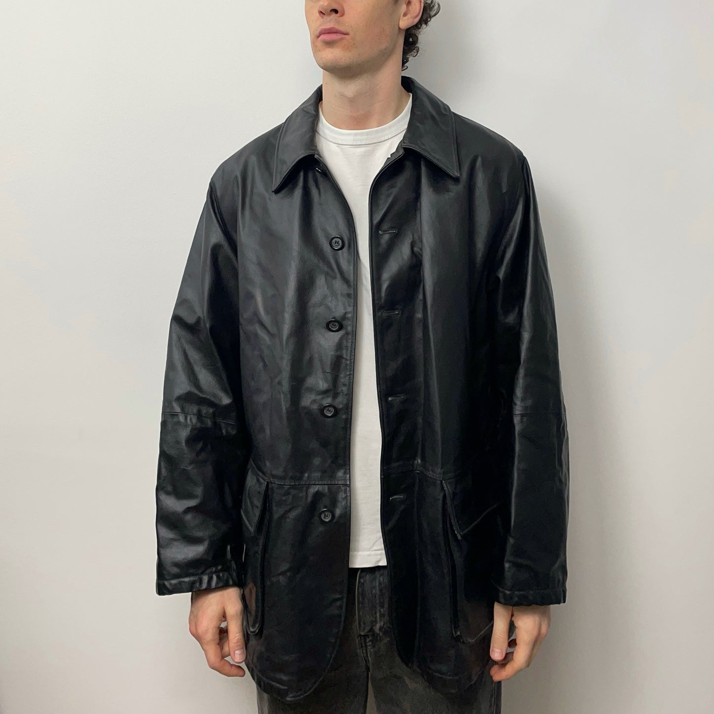 Armani Jeans Black 90s Leather Overcoat