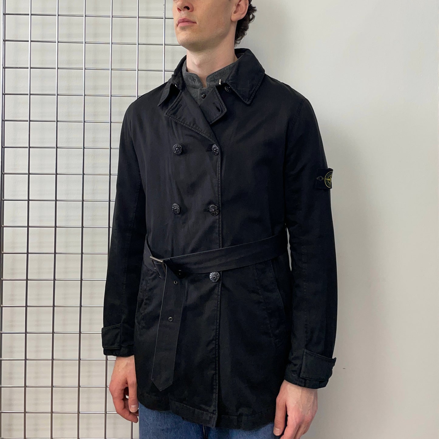 Stone Island Black AW05 Raso Gommato Belted Trench Coat