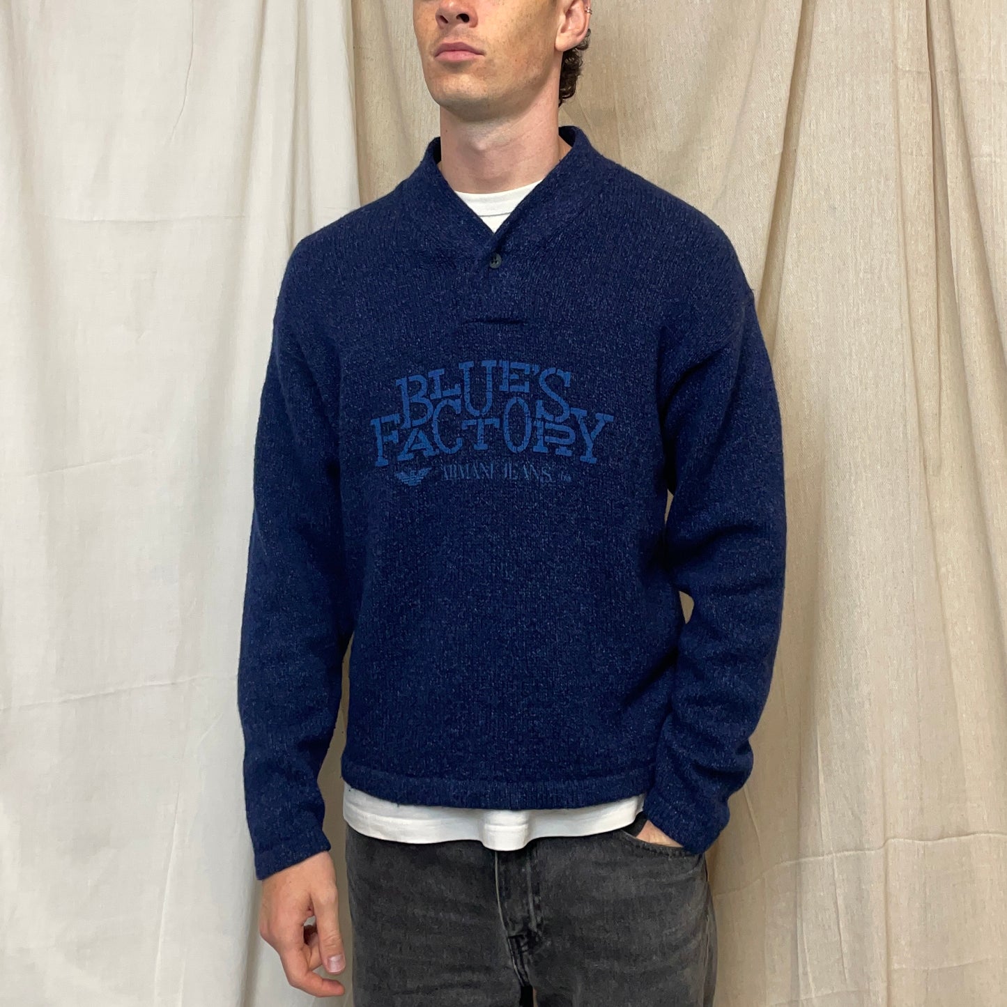 Armani Jeans Blue 90s Silk & Wool Button Collar 'Blues Factory' Jumper