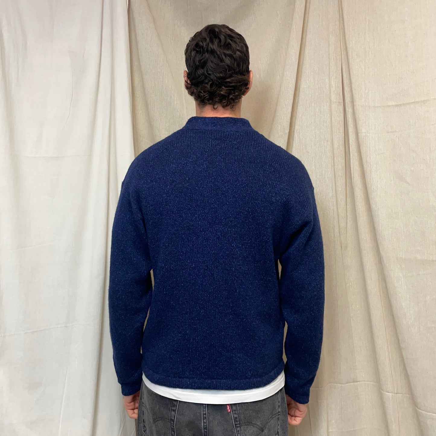 Armani Jeans Blue 90s Silk & Wool Button Collar 'Blues Factory' Jumper