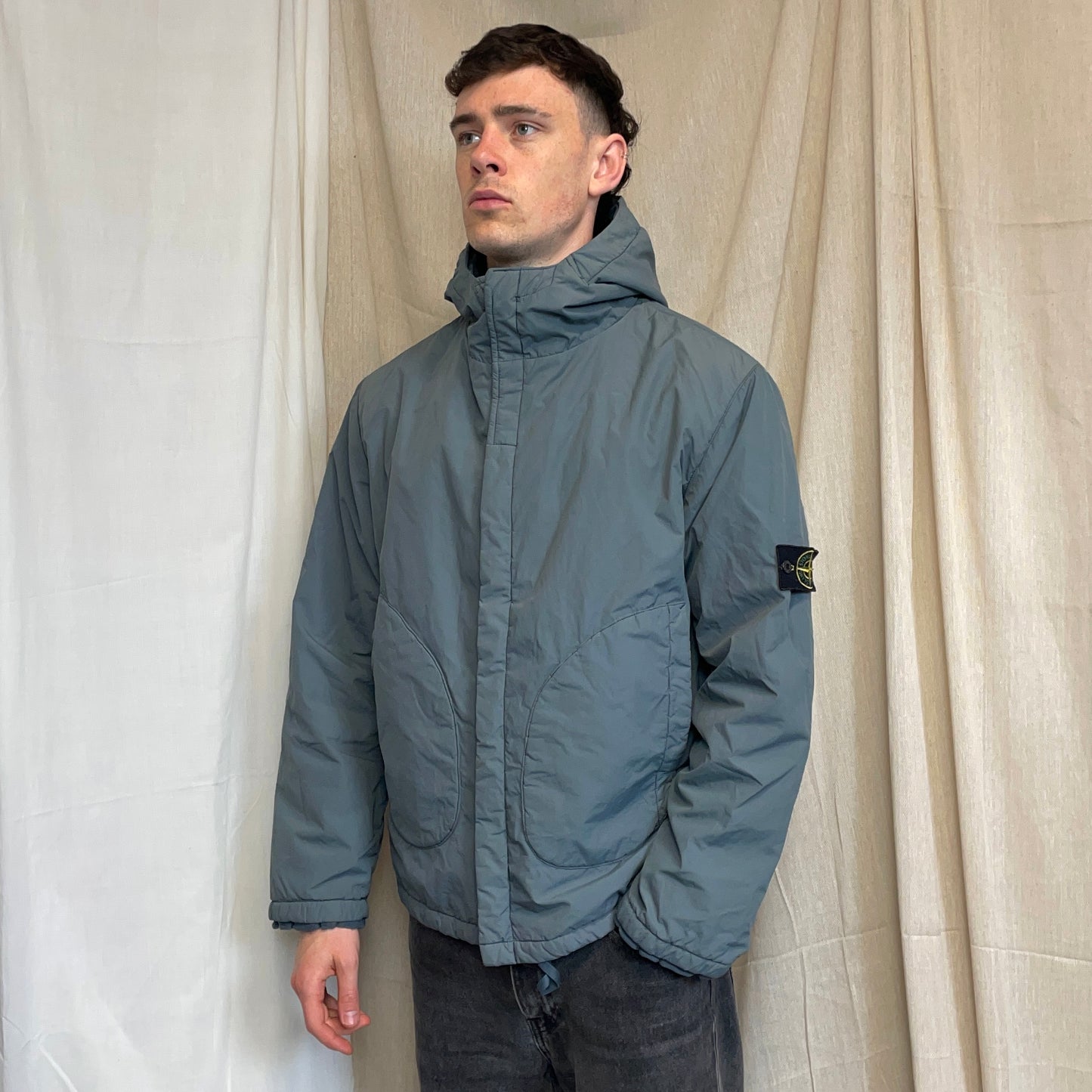 Stone Island Blue Grey AW01 Cotton Nylon Blend Lined Hooded Windbreaker Jacket