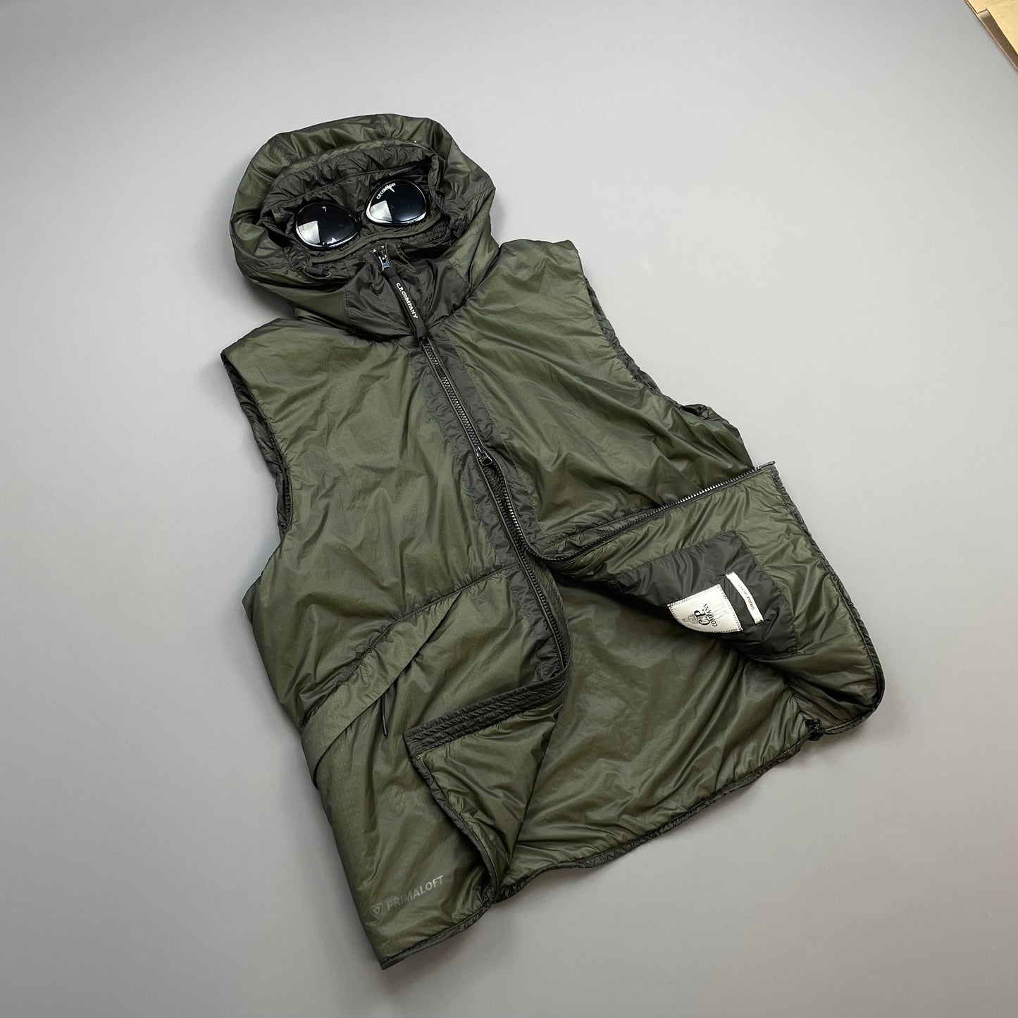 C.P. Company Khaki Green Nada Shell Primaloft Hooded Goggle Nylon Gilet Vest