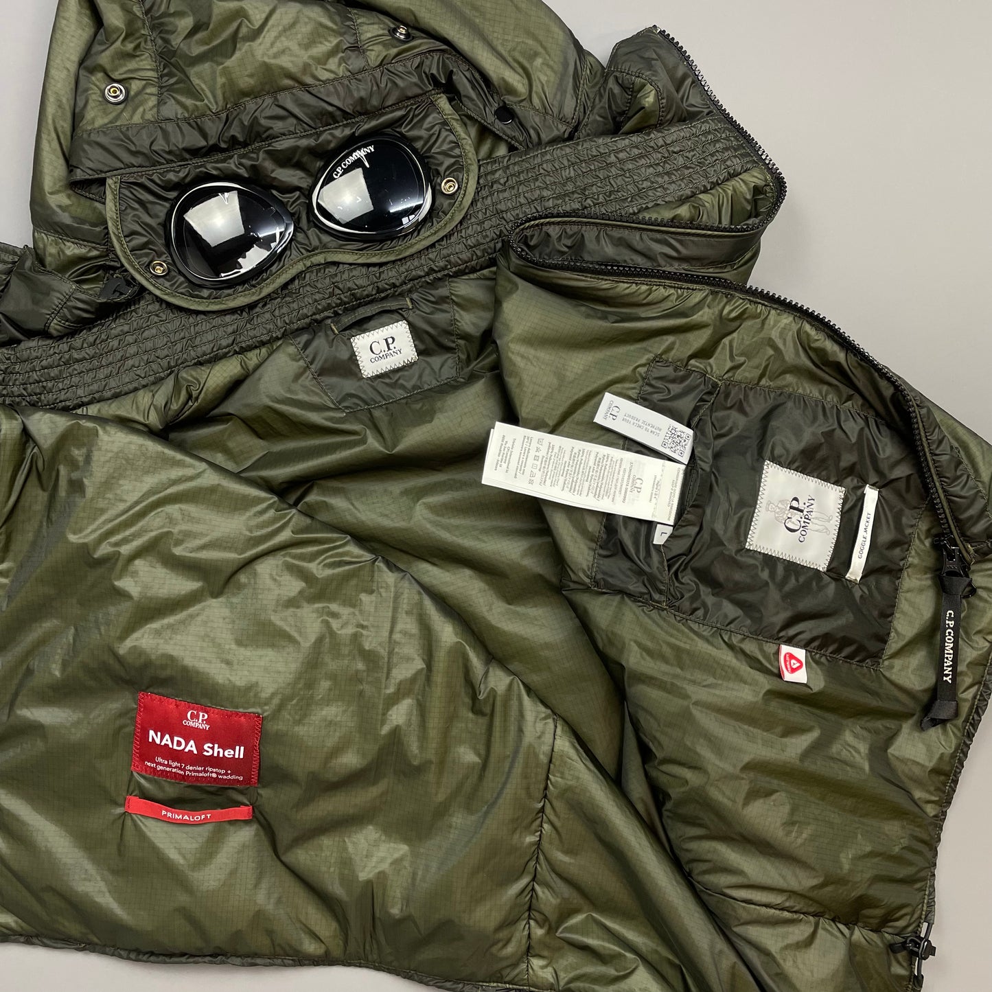 C.P. Company Khaki Green Nada Shell Primaloft Hooded Goggle Nylon Gilet Vest