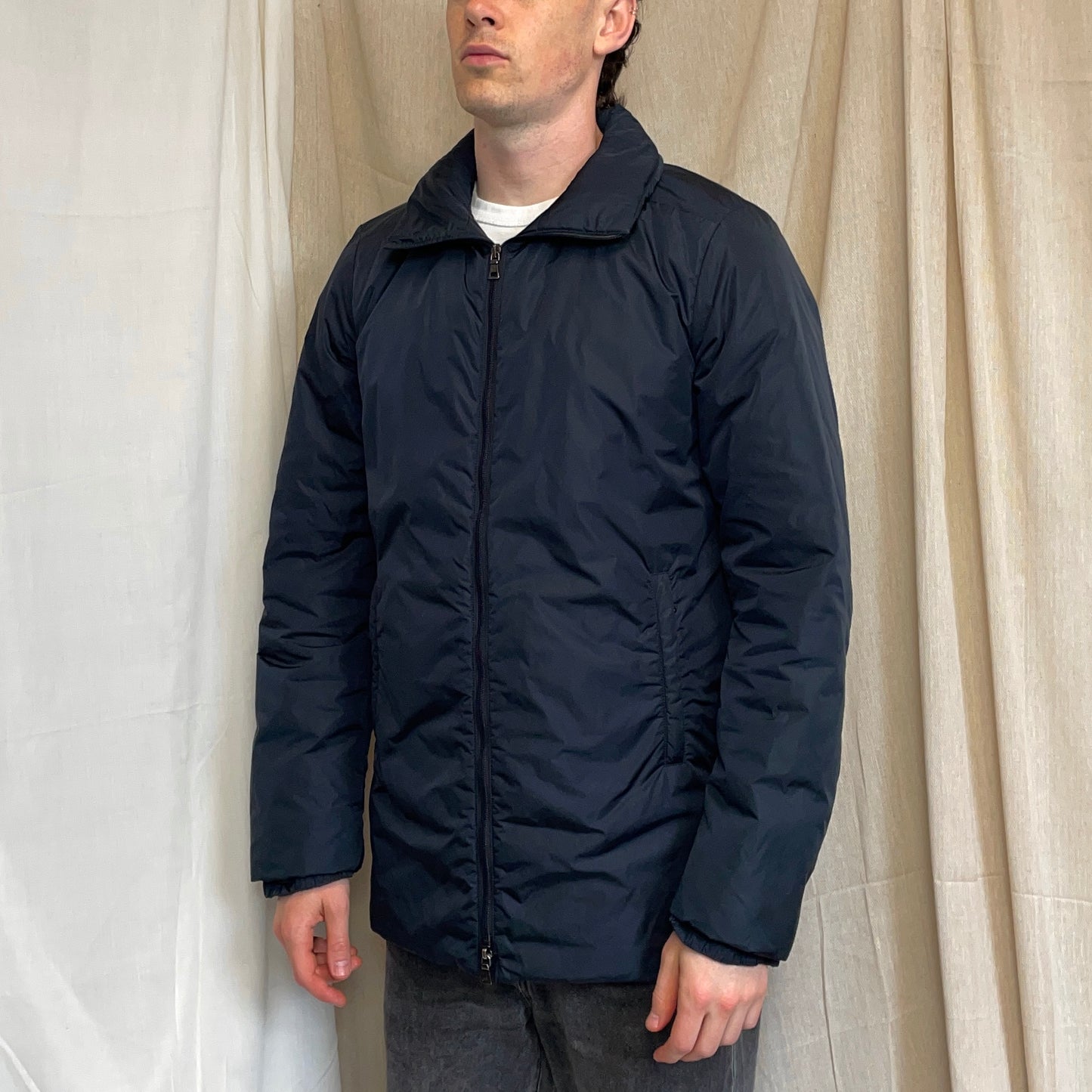 Prada Sport Navy 00s Nylon Padded Concealed Hood Longline Overcoat