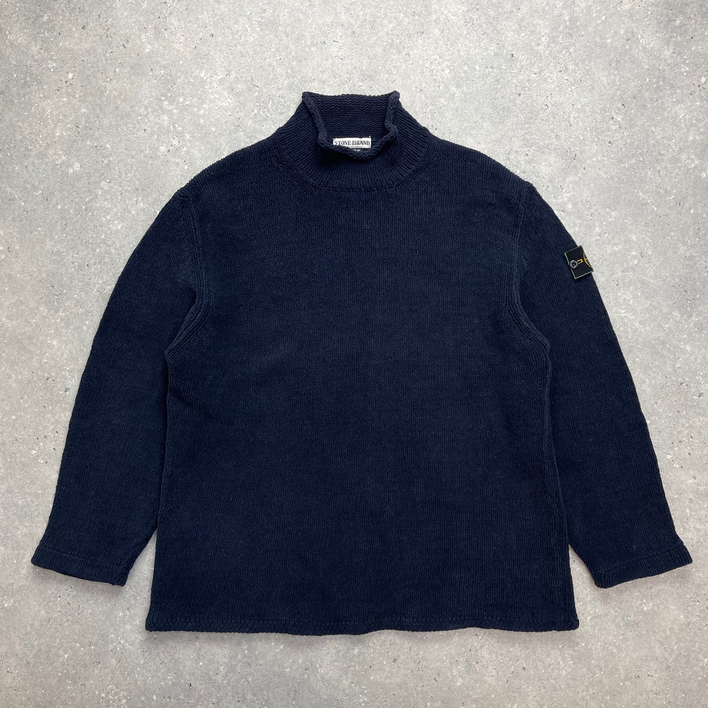 Stone Island Navy Chenille Knit Knit Jumper w/ Green Edge Badge AW98