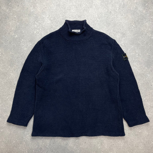 Stone Island Navy Chenille Knit Knit Jumper w/ Green Edge Badge AW98