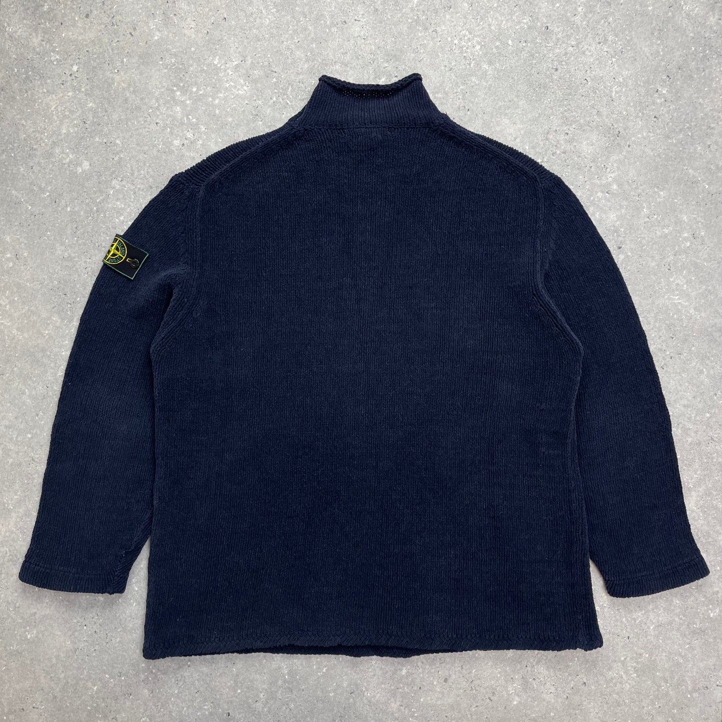 Stone Island Navy Chenille Knit Knit Jumper w/ Green Edge Badge AW98