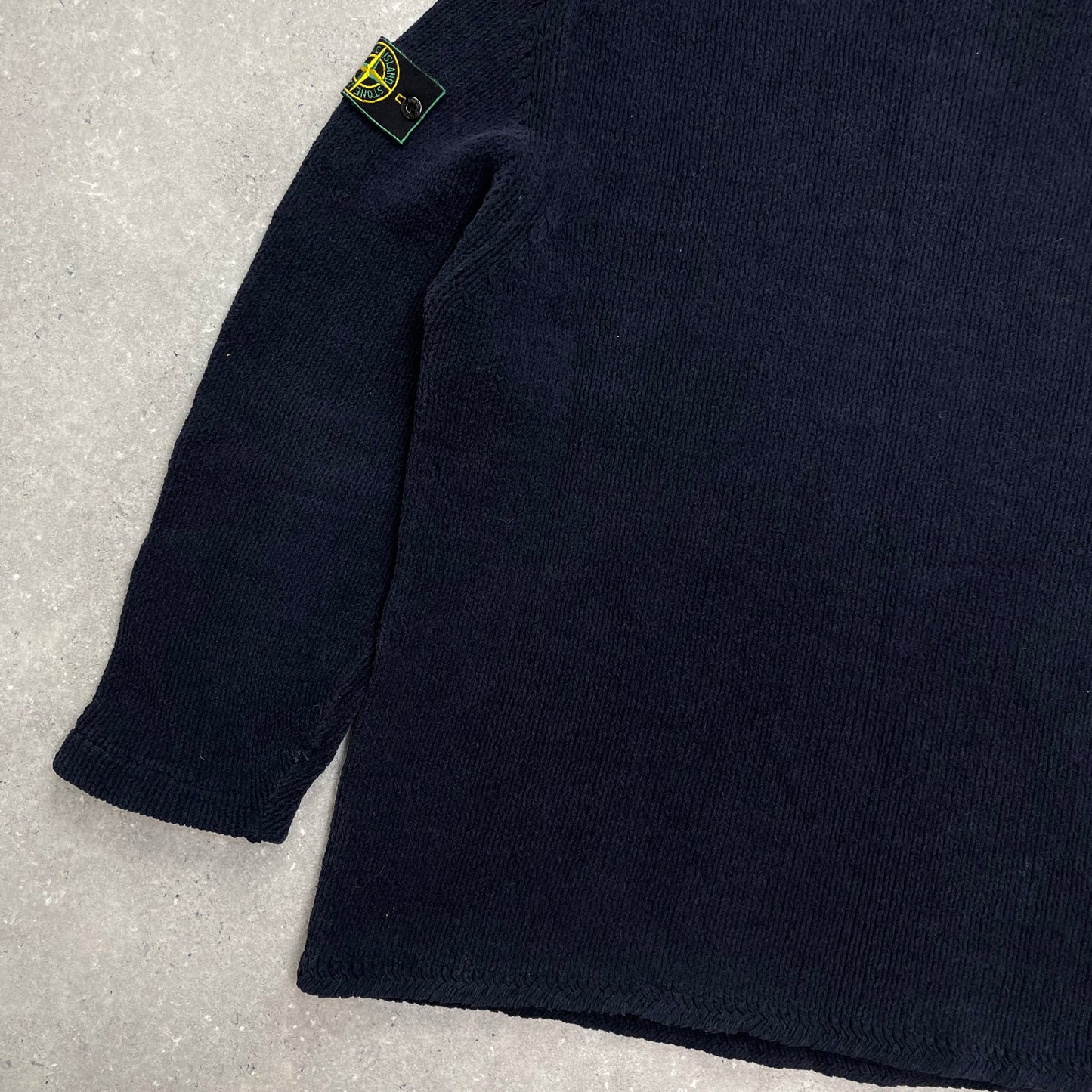 Stone Island Navy Chenille Knit Knit Jumper w/ Green Edge Badge AW98