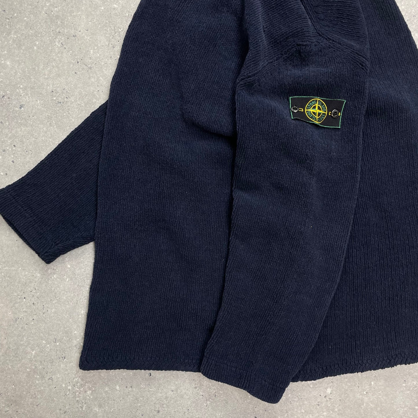 Stone Island Navy Chenille Knit Knit Jumper w/ Green Edge Badge AW98
