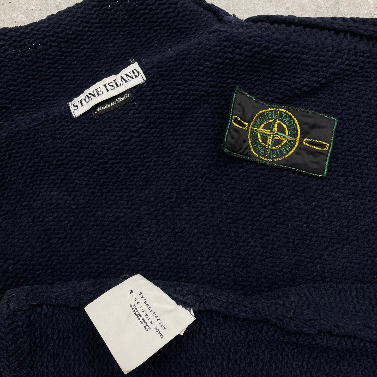 Stone Island Navy Chenille Knit Knit Jumper w/ Green Edge Badge AW98