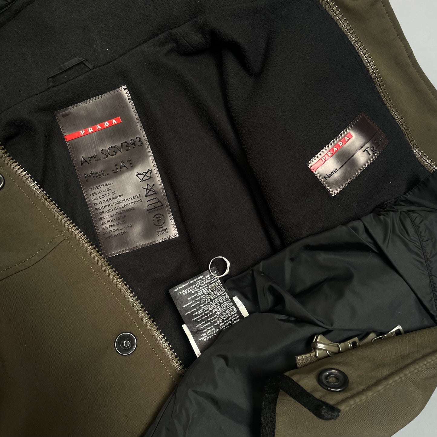 Prada Sport Khaki AW02 Technical Nylon Fleece-Lined Removable Hood Ski Jacket
