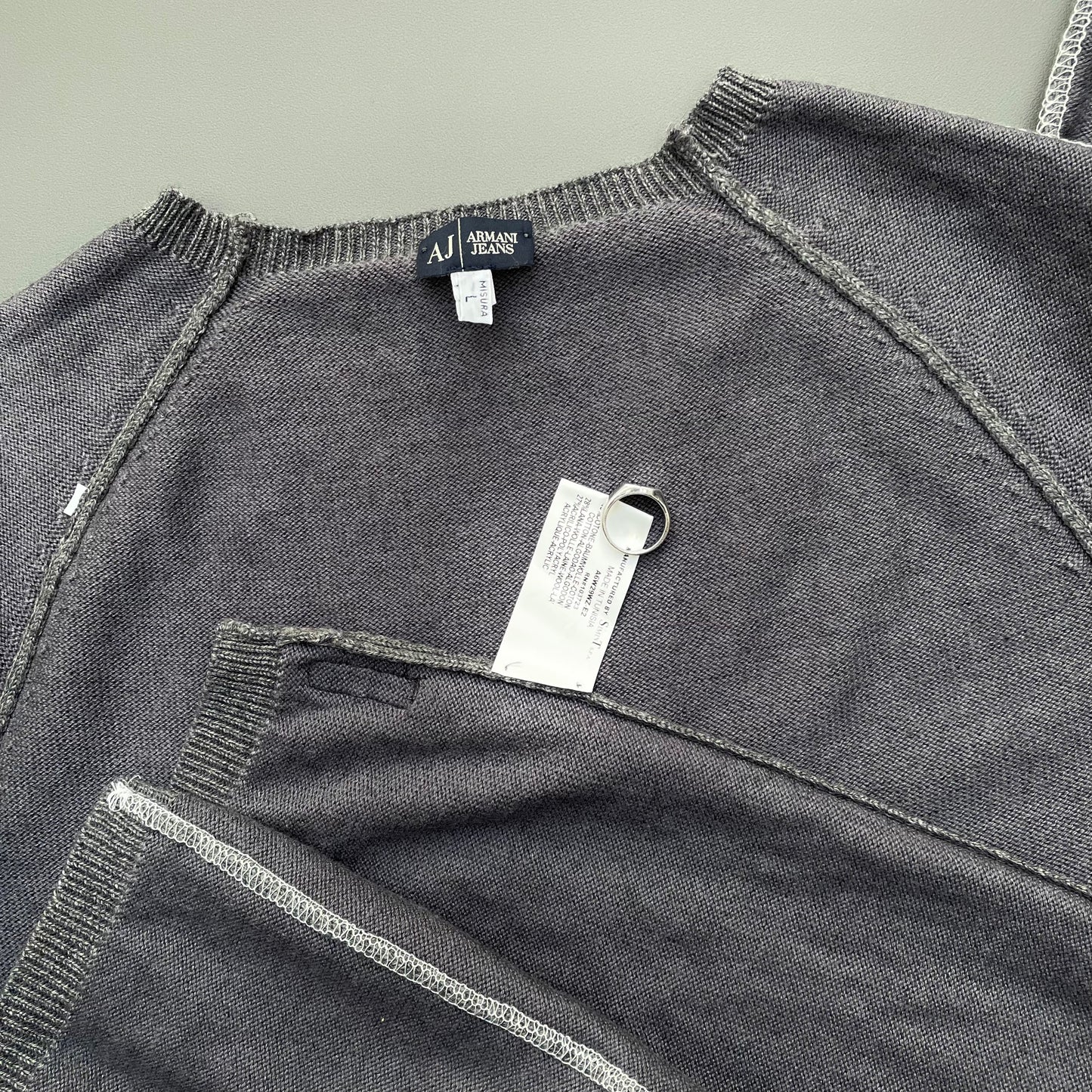 Armani Jeans Grey 00s Contrast Stitch Knit Jumper