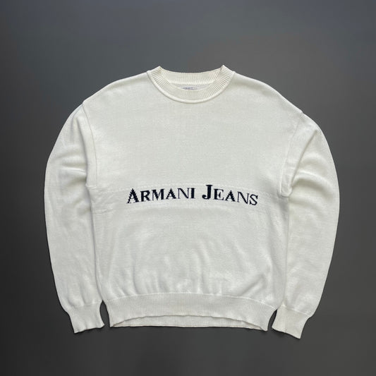 Armani Jeans Cream White 90s Spellout Knit Jumper