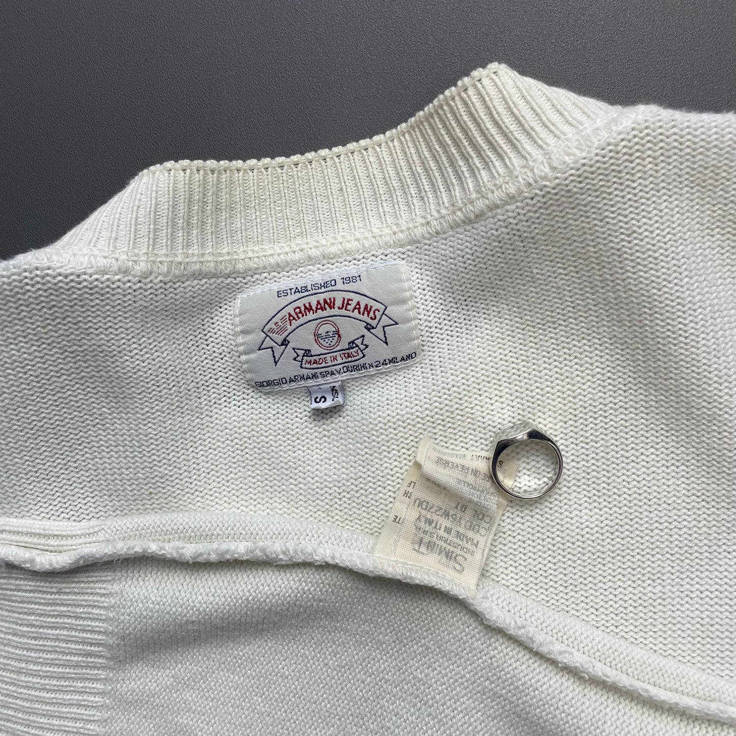 Armani Jeans Cream White 90s Spellout Knit Jumper
